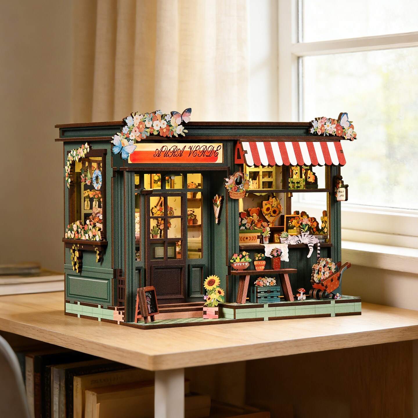 DIY Miniature Flower Shop Kit, Book Nook Style Mini House with LED