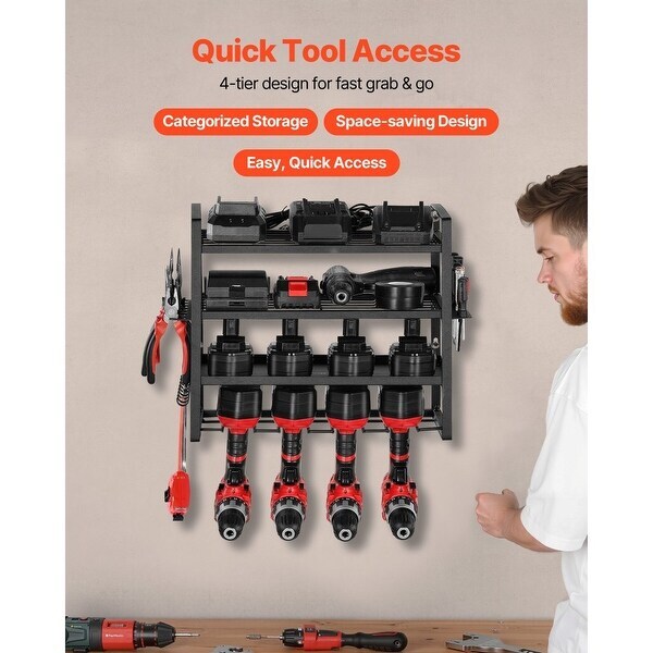 4-Tier Black Wall-Mounted Power Tool Rack with Drill Slots Shelves and Hooks for Garage Storage