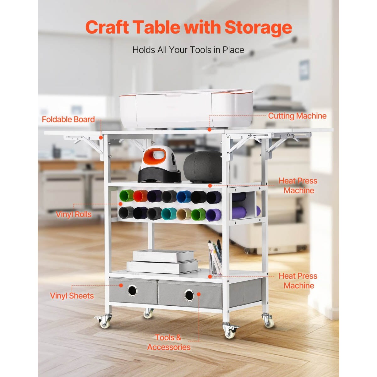 Foldable Rolling Craft Organizer with 2 Drawers and Vinyl Rack Ideal for Creative Spaces