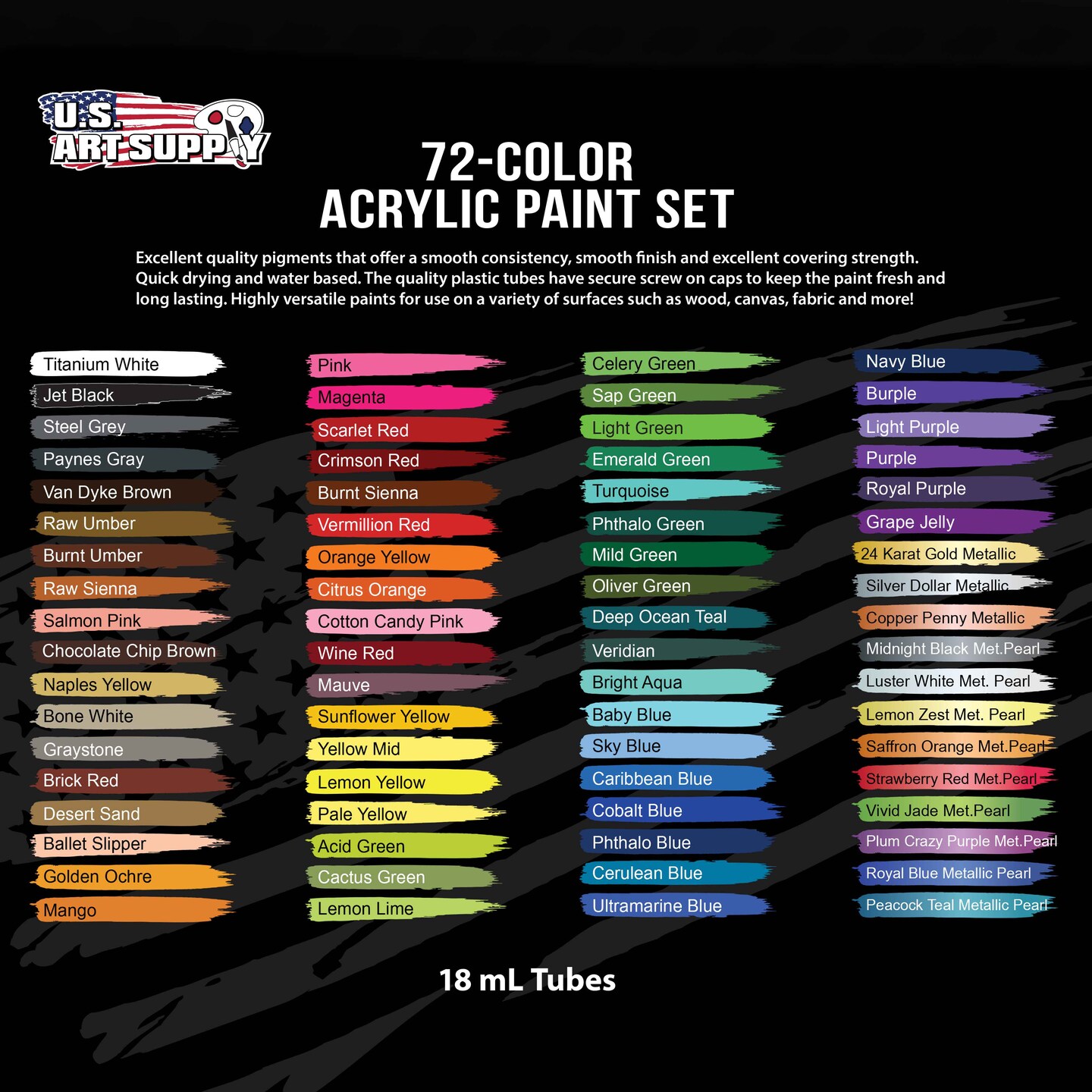 U.S. Art Supply 72 Color Professional Acrylic Paint Set in 12ml Tubes - Art Painting Supplies for Adults, Artists, Students, Beginners - Canvas Portrait Paintings