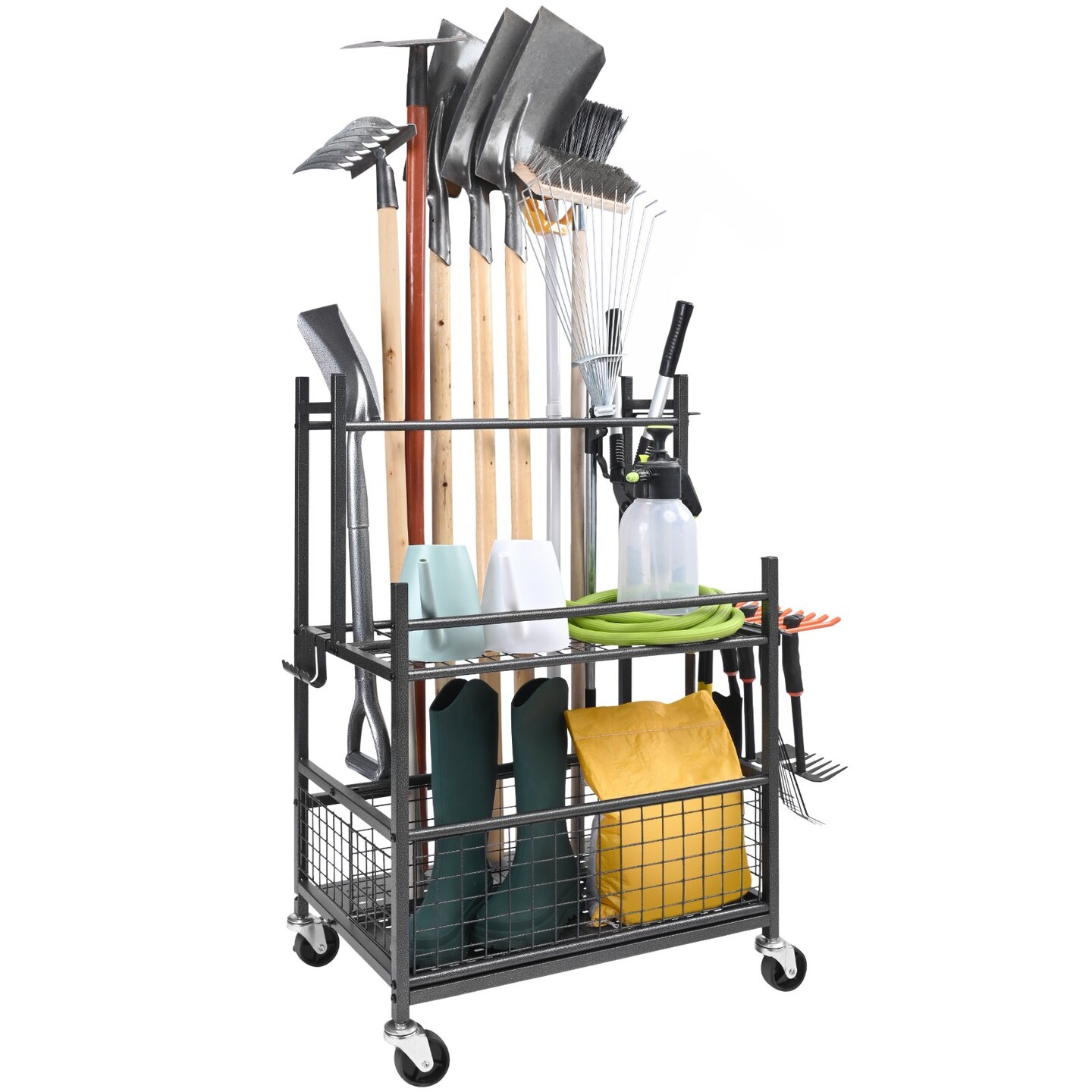 Black 16 Slots Carbon Steel Garage Tool Rack with 3 Shelves and Adjustable Hooks and Swivel Wheels
