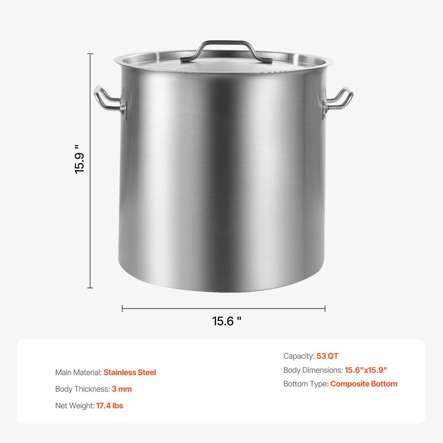 53 QT Commercial Stainless Steel Stock Pot for Boiling Steaming Frying and Cooking Large Meals