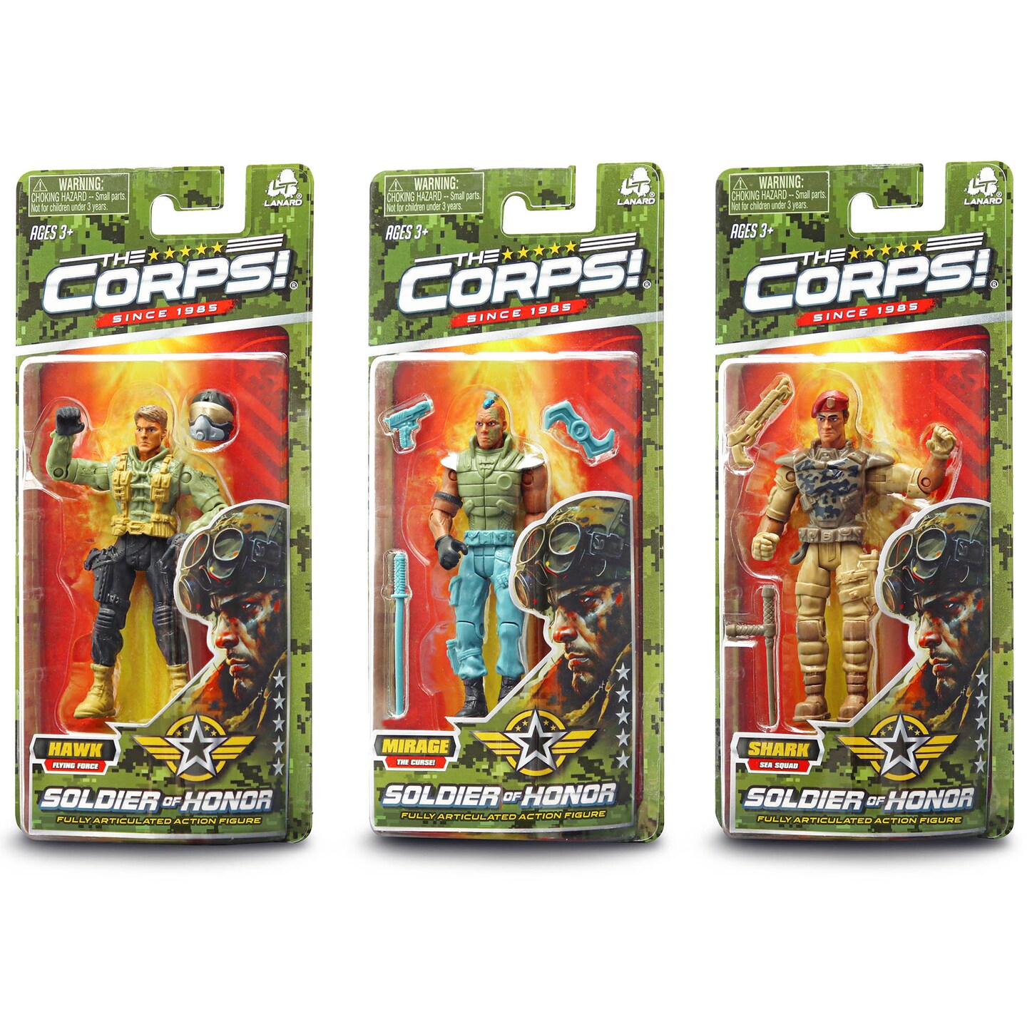 Lanard The Corps! Soldier Of Honor - 3 Pack Action Figures, Fully Articulated & Poseable Combat Figurines, Military Toys, Mirage-Hawk-Shark, Kids 3+