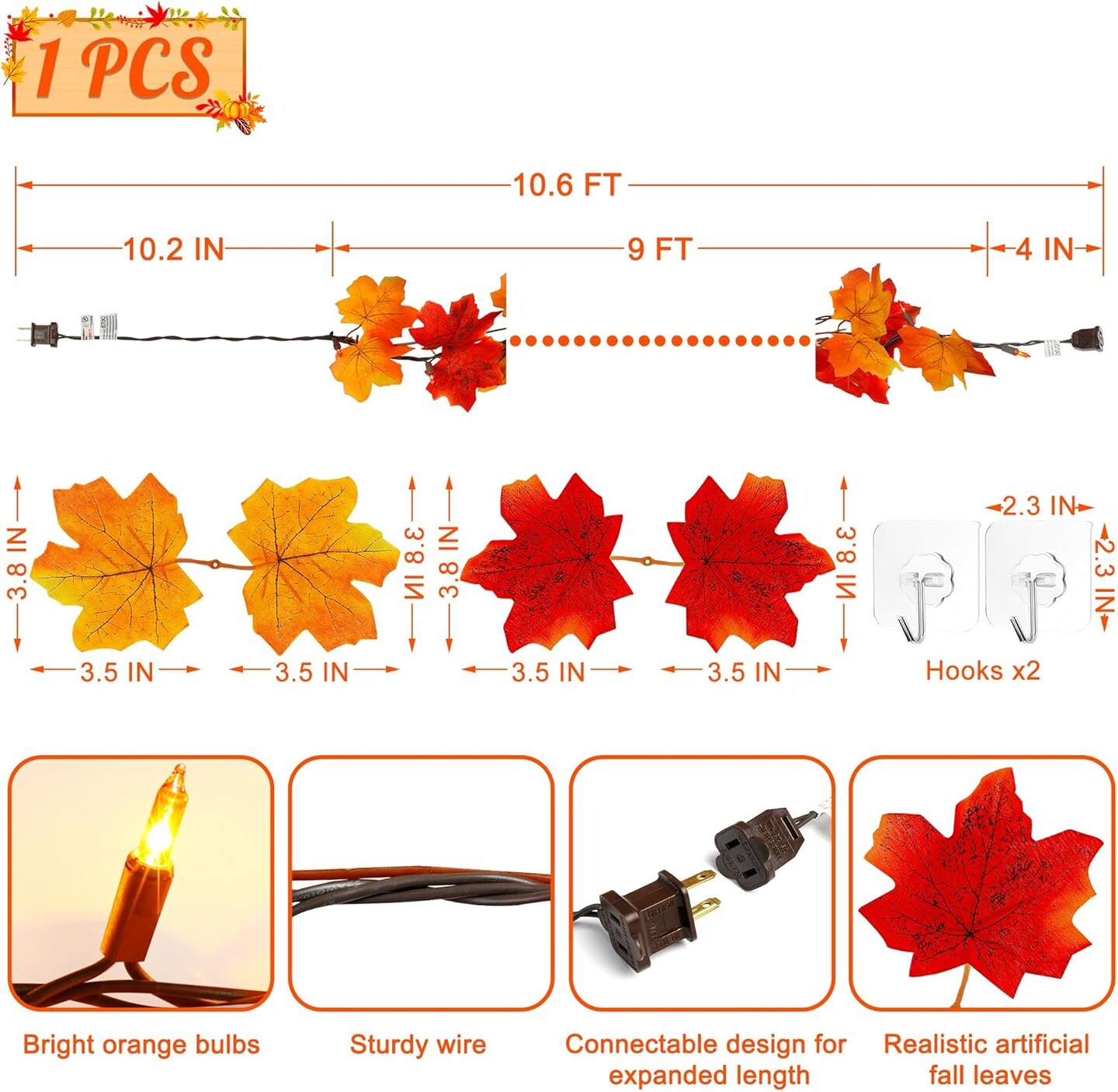 9FT Fall Garland with Lights Decor