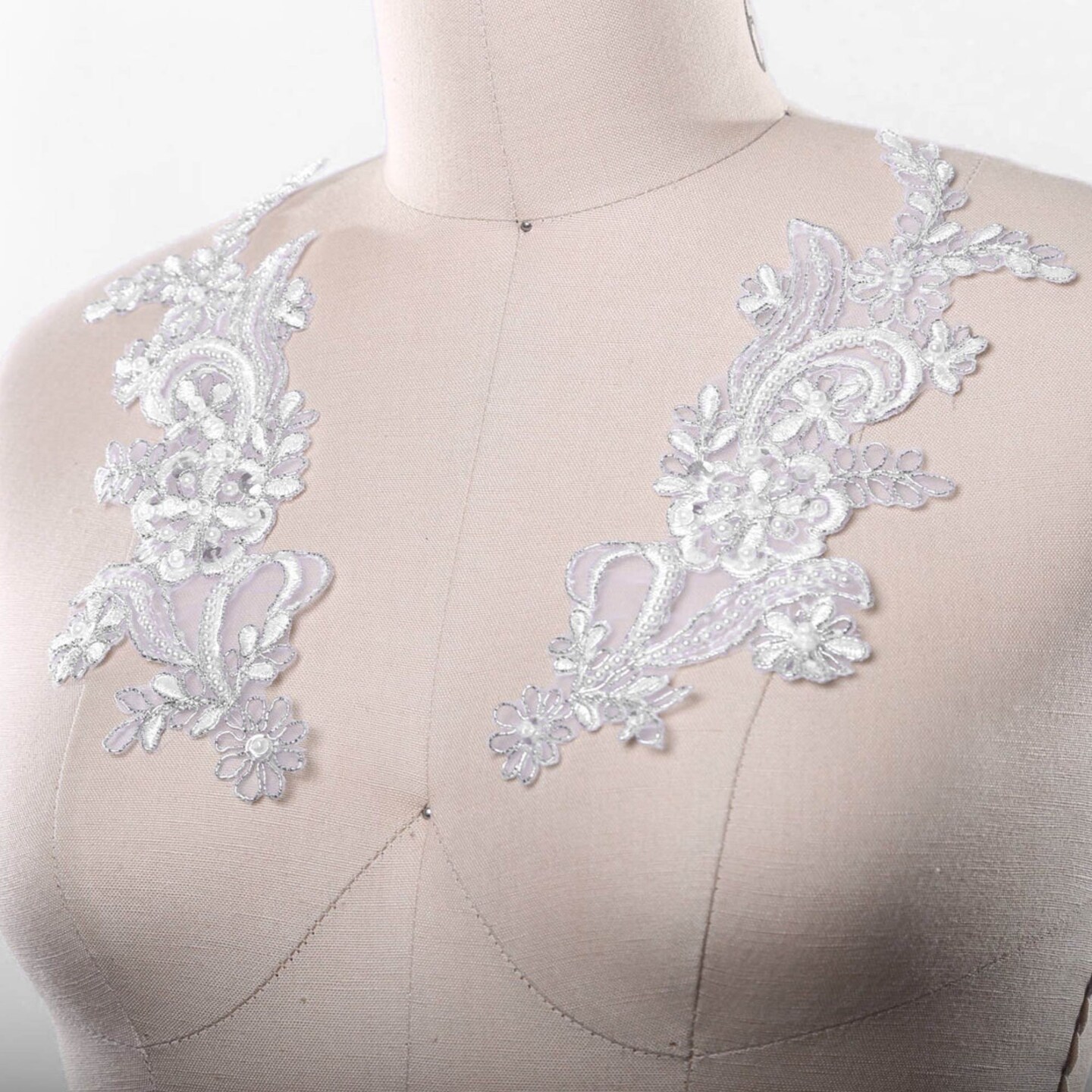 2 Pieces White Lace Appliques with Pearl and Sequin Details for Costumes and Gowns
