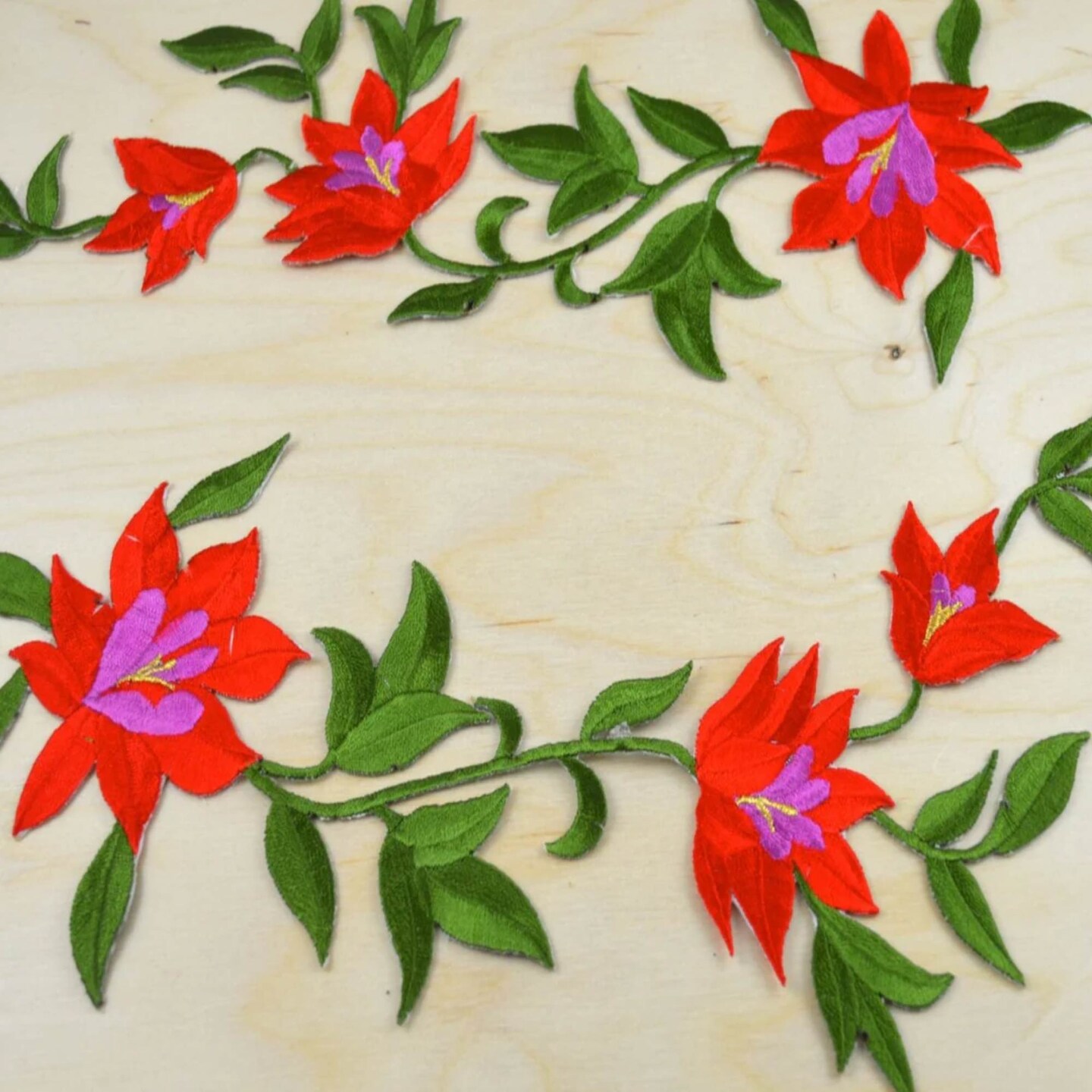 Vibrant Red Purple Green Lily Embroidered Flower Iron On Patches Pair