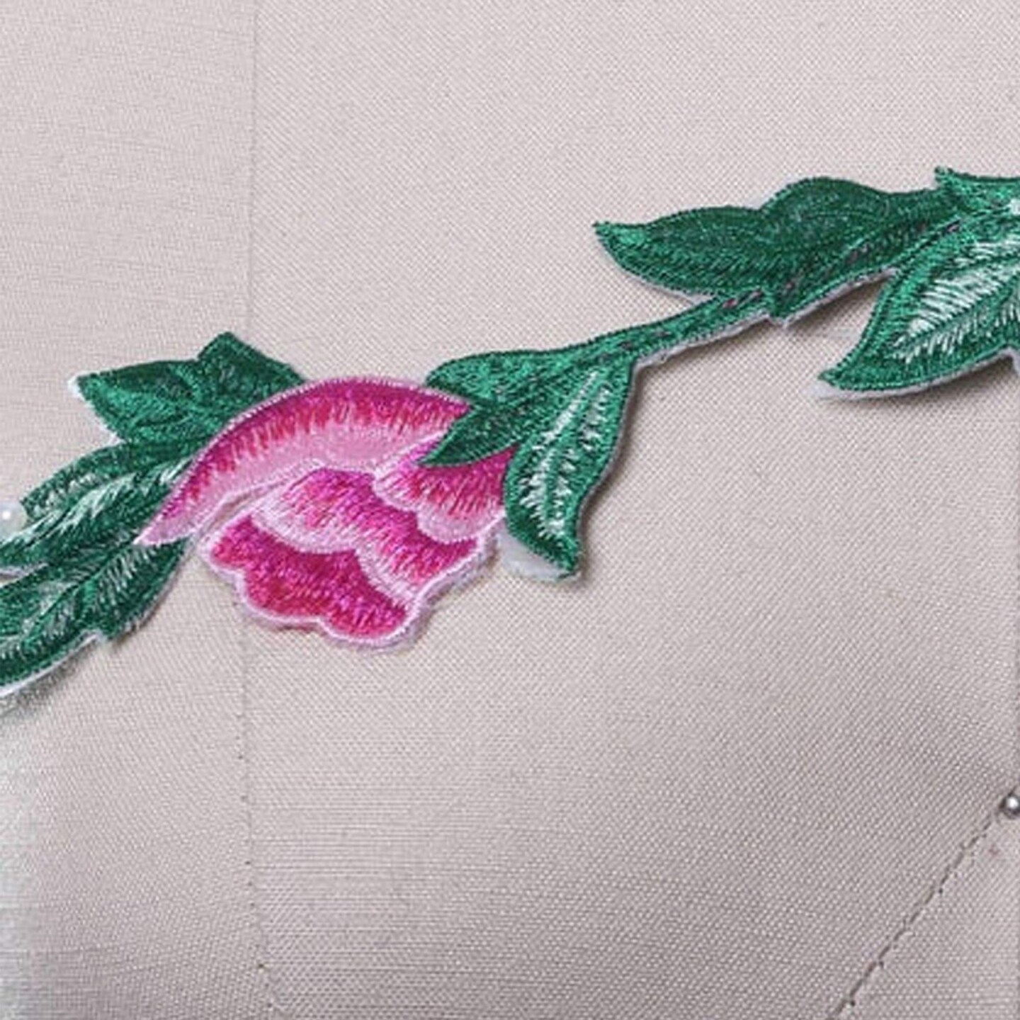 Pink and Green Embroidered 3D Flower Patch Iron On for Dresses and Costumes