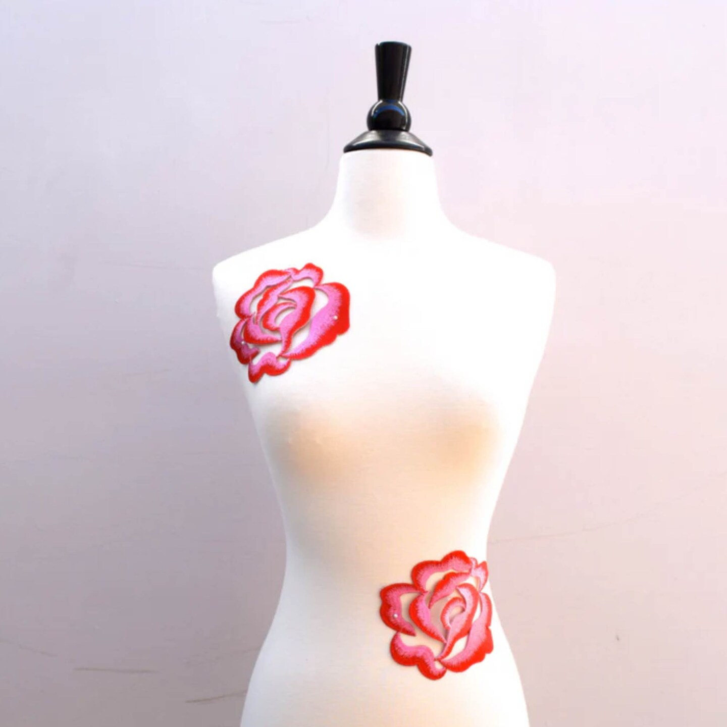 2 Pieces Red and Pink Embroidered Rose Flower Patches 3D Iron On Applique for Jackets and DIY Crafts