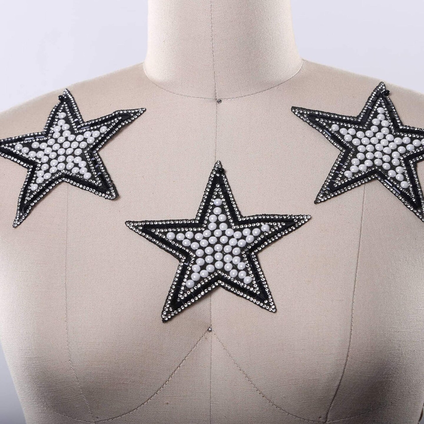5" Black Beaded White Glitter Star Pearl Rhinestone Edging Iron On Patch