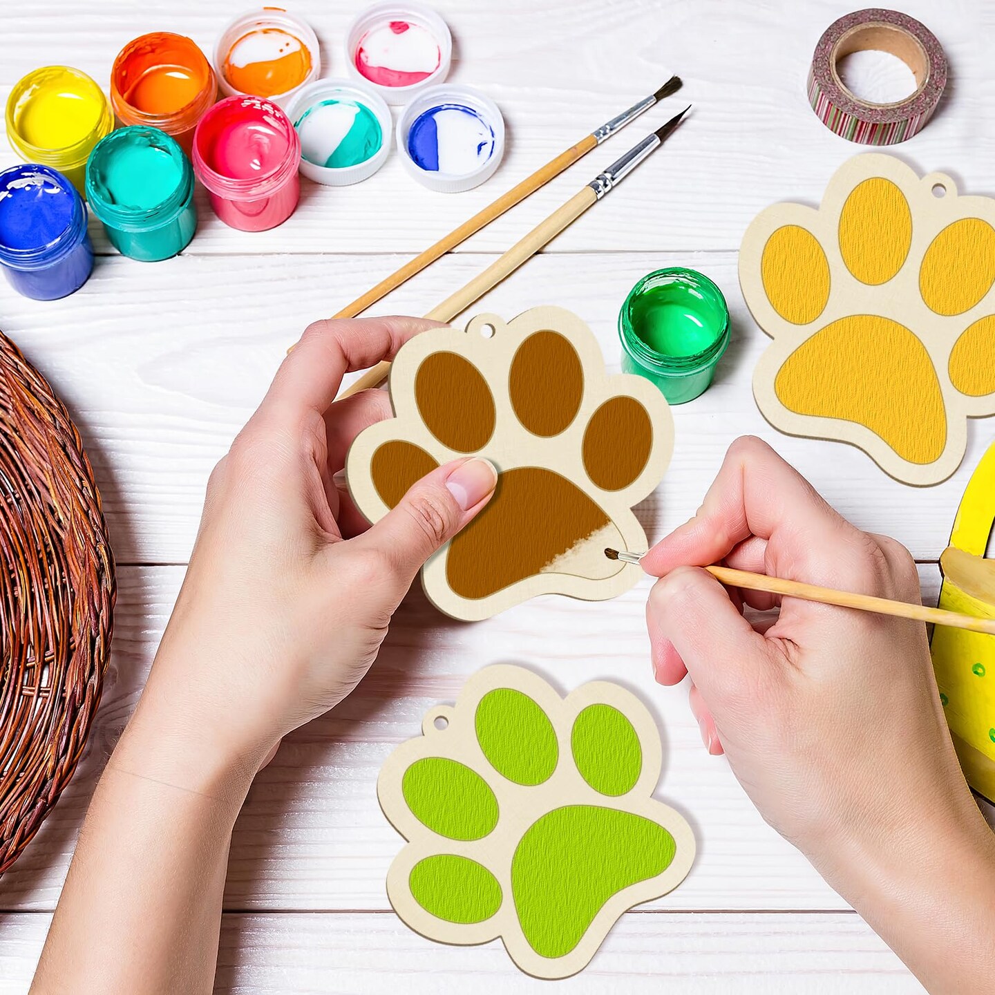 Wooden Dog Paw-Shaped Ornaments to Paint Dog House Decoration Cutouts Unfinished 24PCS, DIY Blank Unfinished Wood Discs Ornament for Pet Theme Party Crafts Hanging Christmas Thanksgiving Decoration
