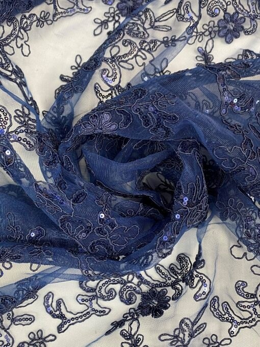 1 Yard Navy Blue Corded Sequin Lace Mesh Fabric with Double Scalloped Edge 54” Wide
