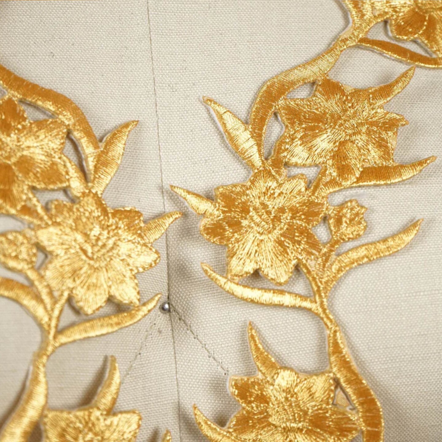 Gold Rose Embroidery Patch Pair Long Metallic Iron On Appliques 12.5 Inch