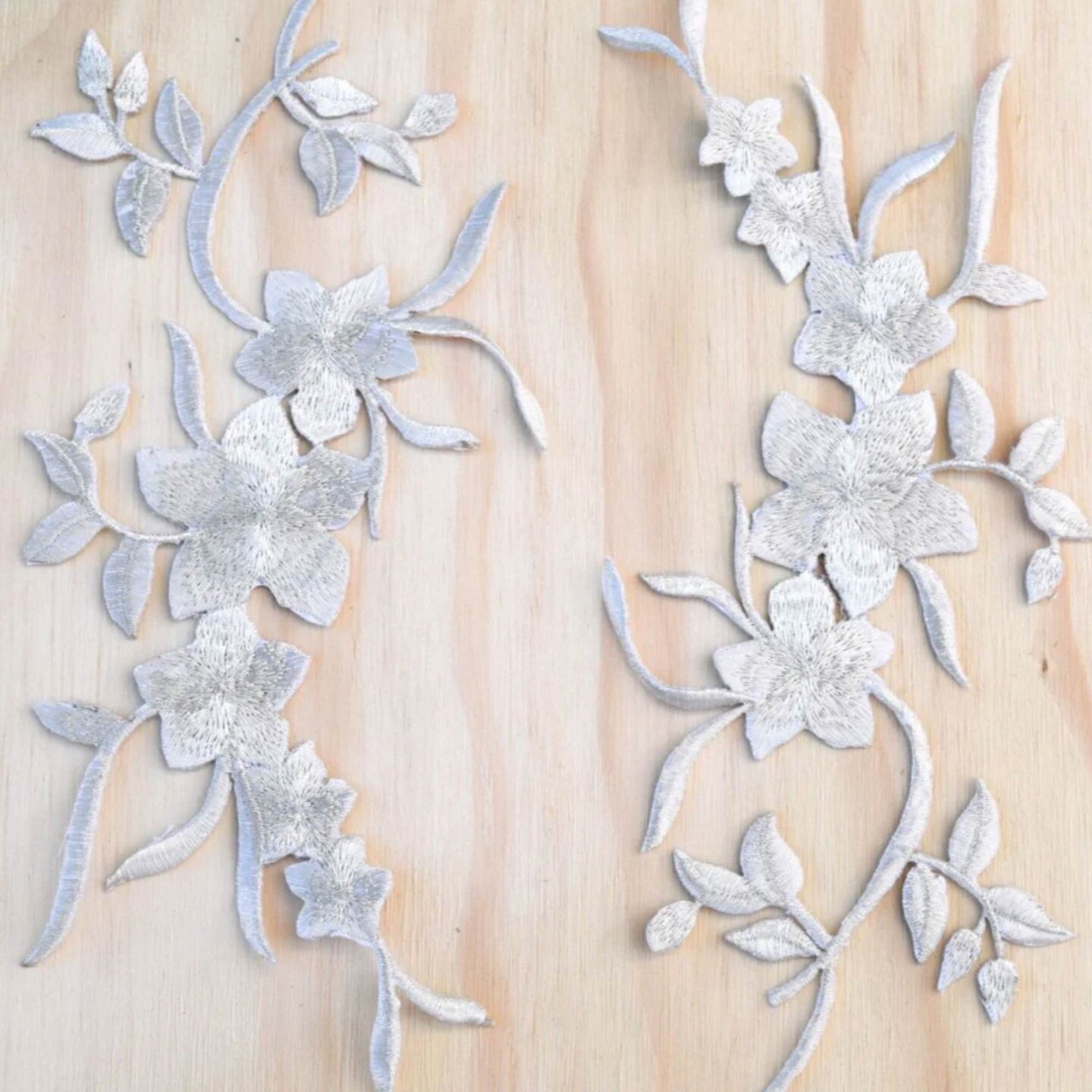 Silver Metallic Hawaiian Flower Patches Set of 2 Icy Embroidered Iron On Appliques 10 x 3 Inch
