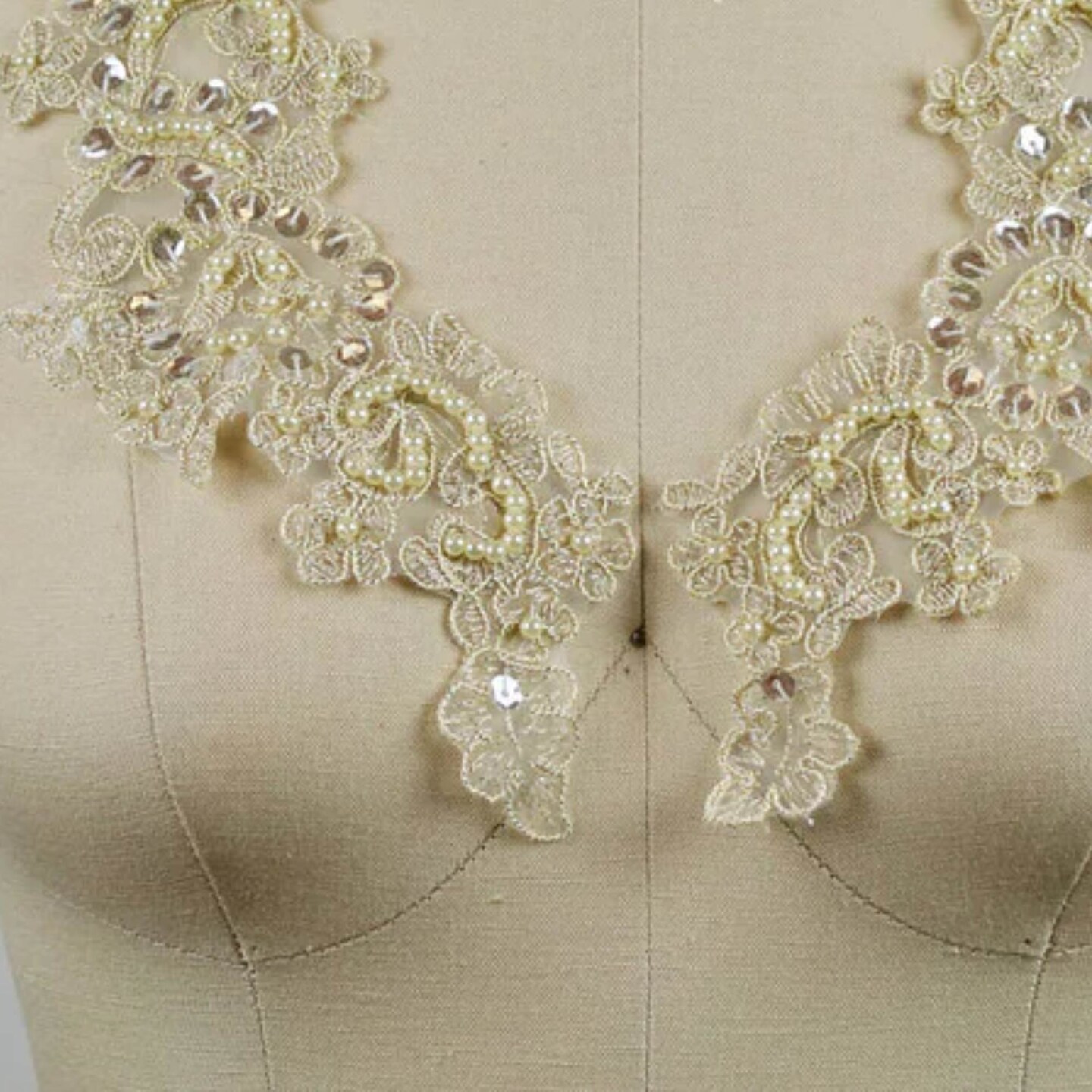 Champagne Gold Beige Lace Patches Set of 2 Beaded Sequined Antique Appliques 9 x 3 Inch