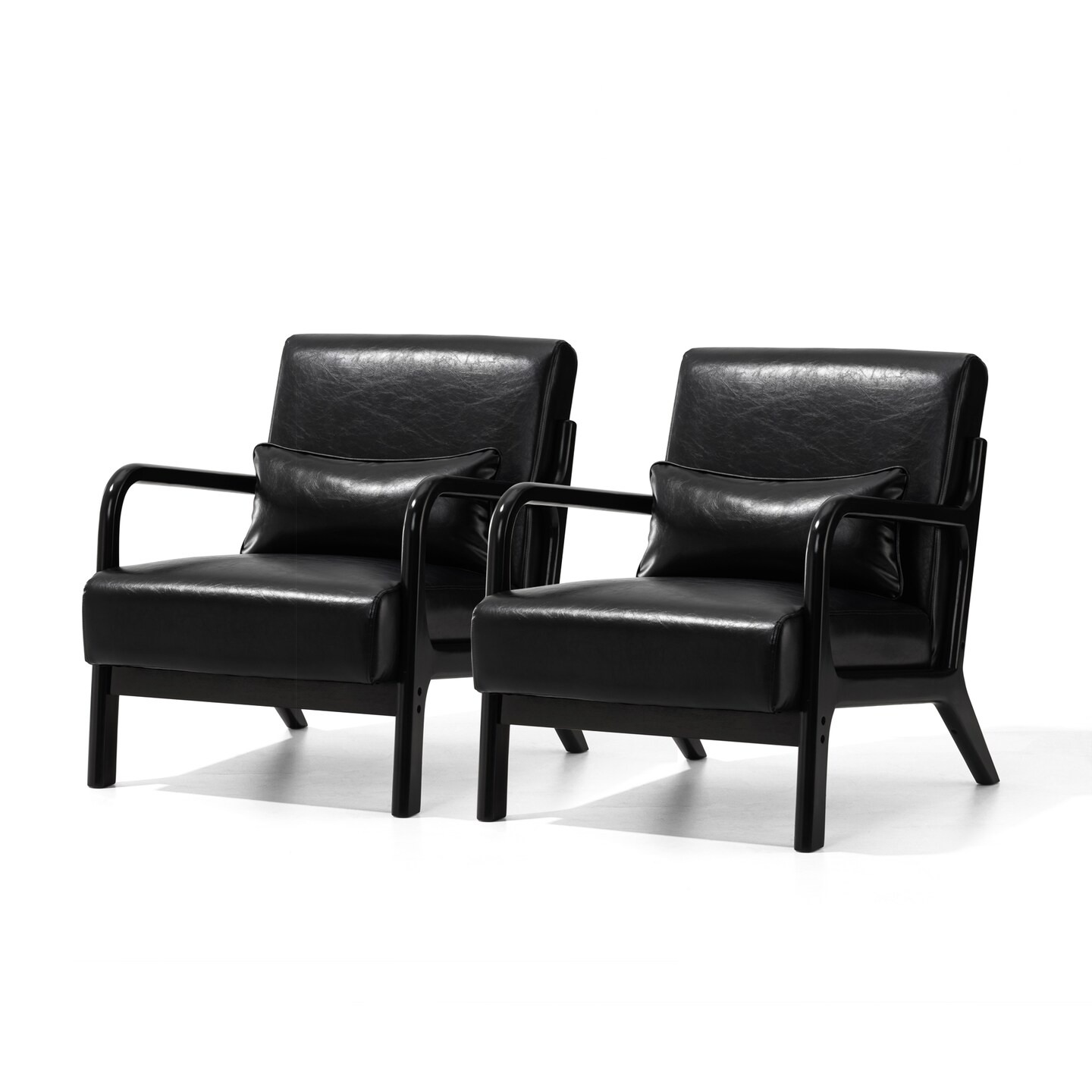 Set of 2 30.75"H Mid-Century Modern PU Leather Armchair Accent Chairs with Pillow