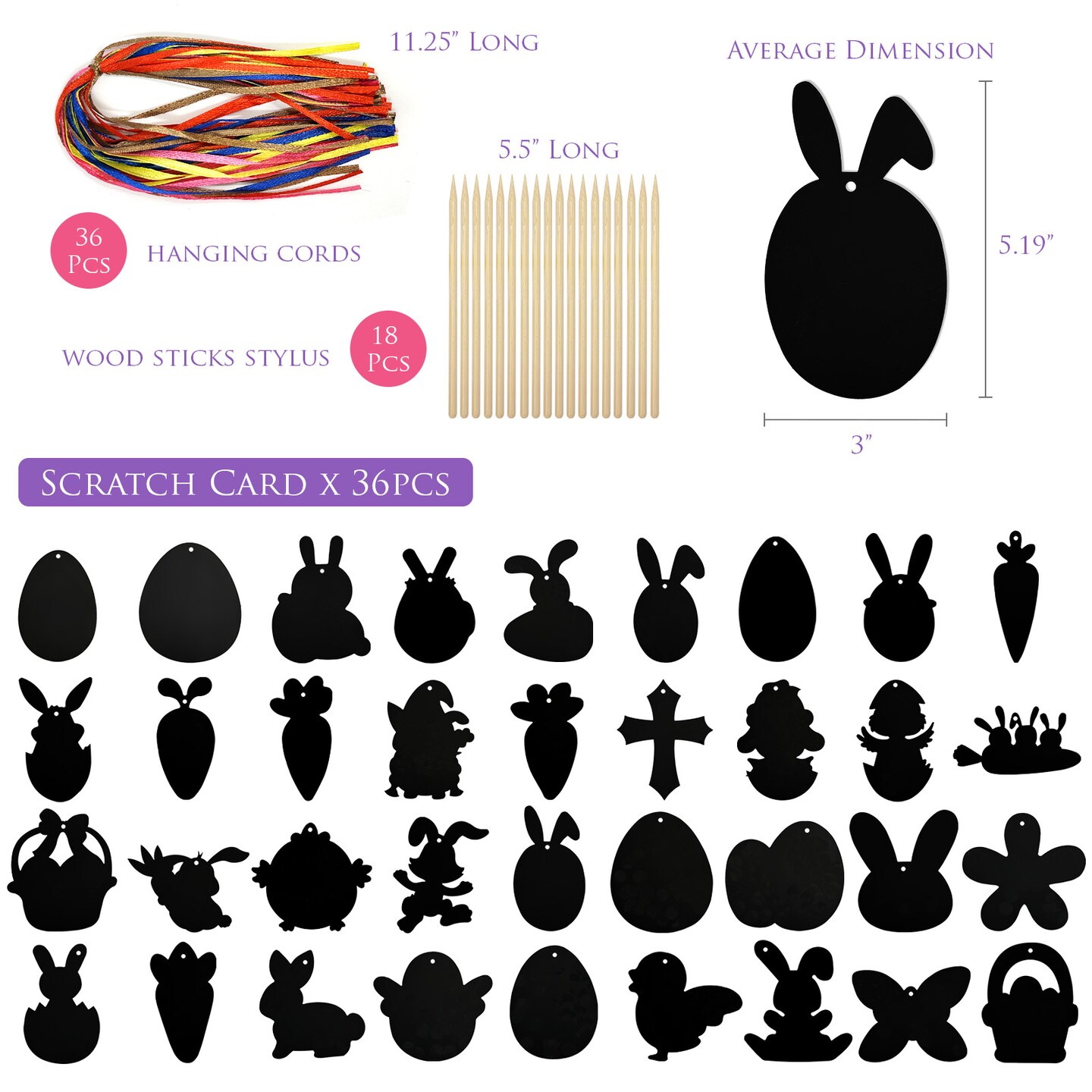 Wrapables 36pc Rainbow Scratch Arts Ornaments, DIY Magic Scratch Arts and Crafts, Easter