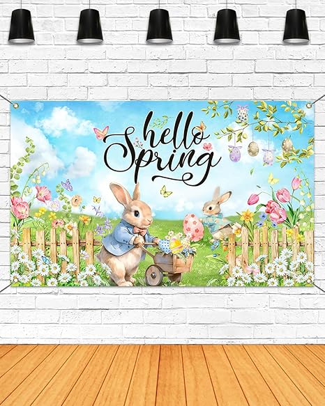 Hello Spring Backdrop Easter Party Banner Greenery Spring Festival Easter Photo Backdrop Colorful Happy Easter Party Decorations Supplies Banner (Greenery, 70.8x43.3 inch)