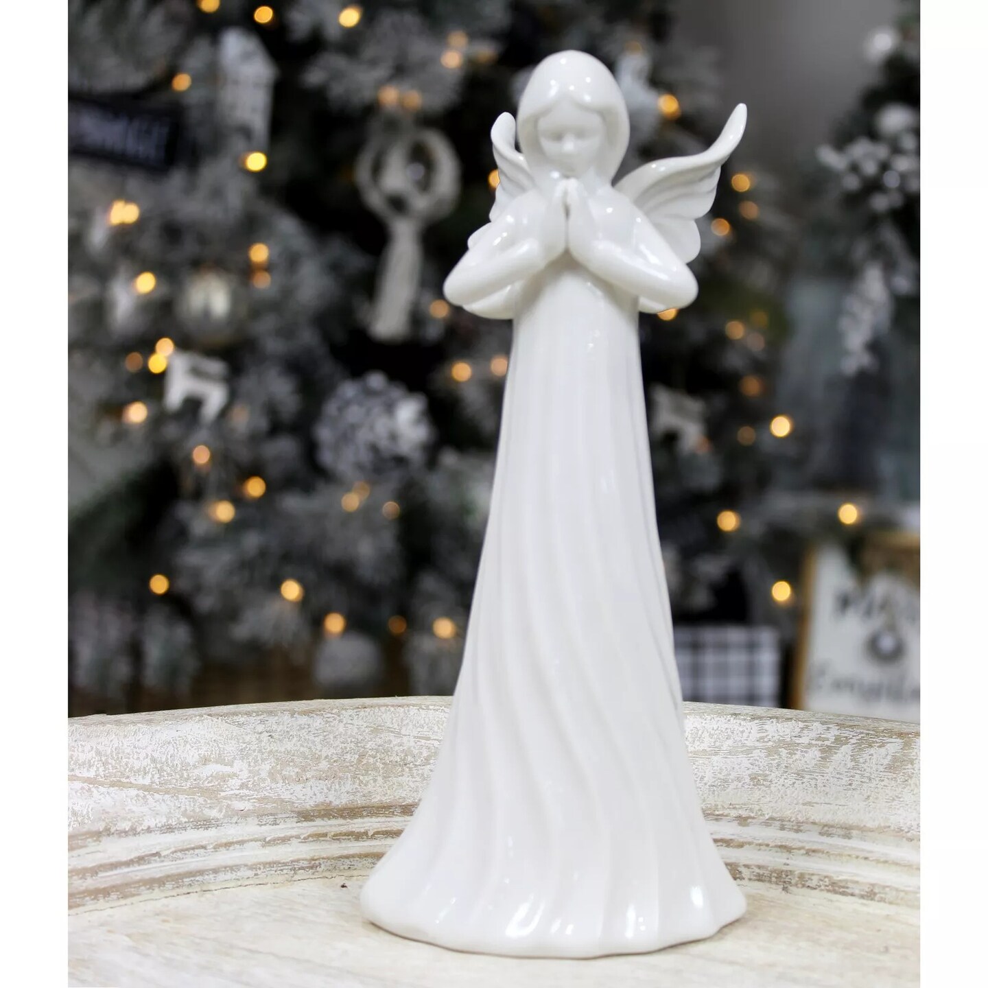 White Ceramic Praying Angel Figurine 9in Guardian Statue