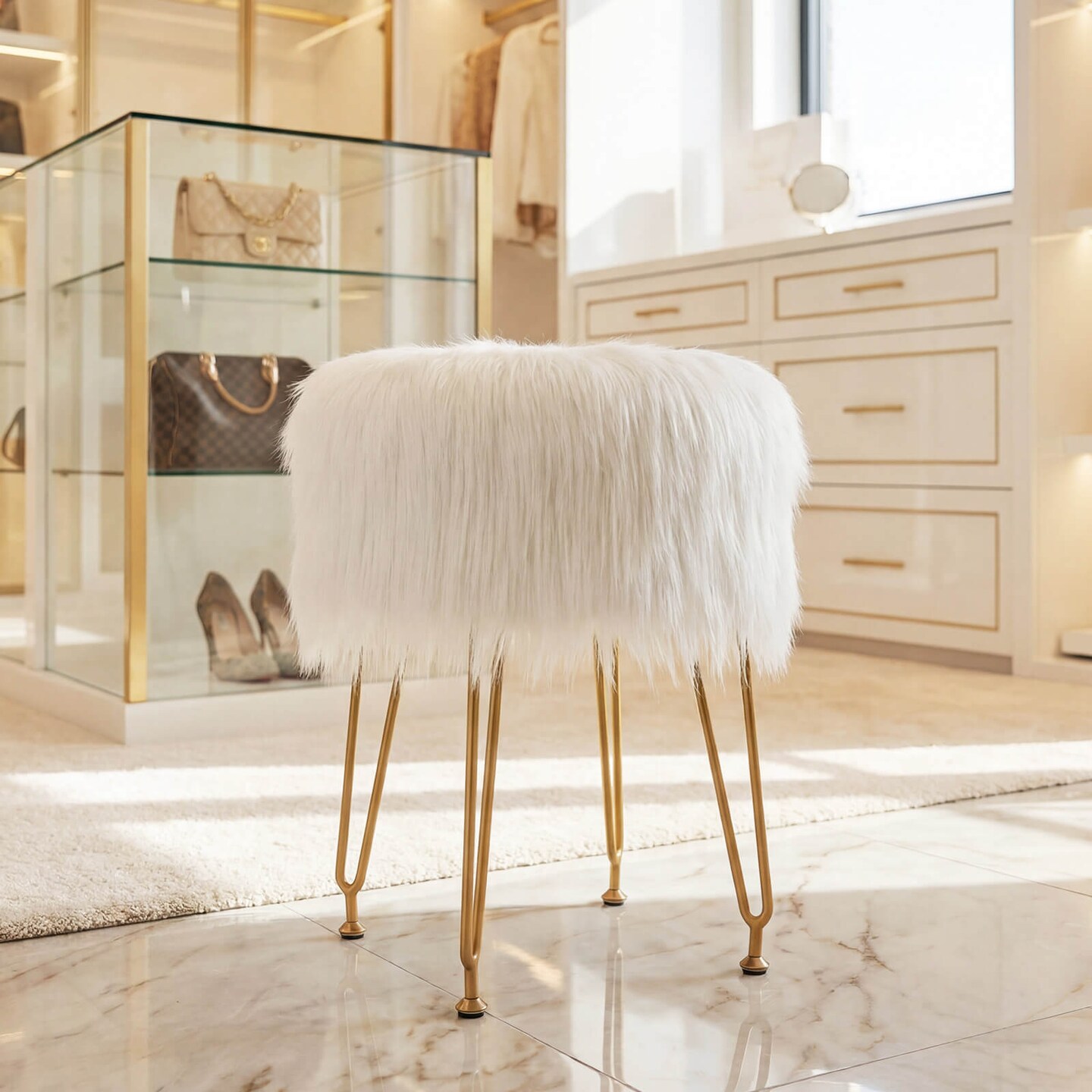 Costway Faux Fur Vanity Chair Makeup Stool Furry Padded Seat Round Ottoman Pink/White