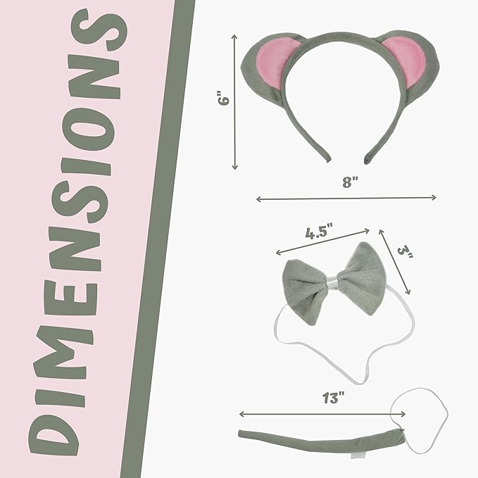 4E&#x27;s Novelty Mouse Costume Set 3 Pcs for Kids &#x26; Adults - Mouse Ears Headband, Bowtie &#x26; Tail Cosplay Kit - Halloween, Party, Dress Up Accessories for Girls, Boys, Men, Women, Pets