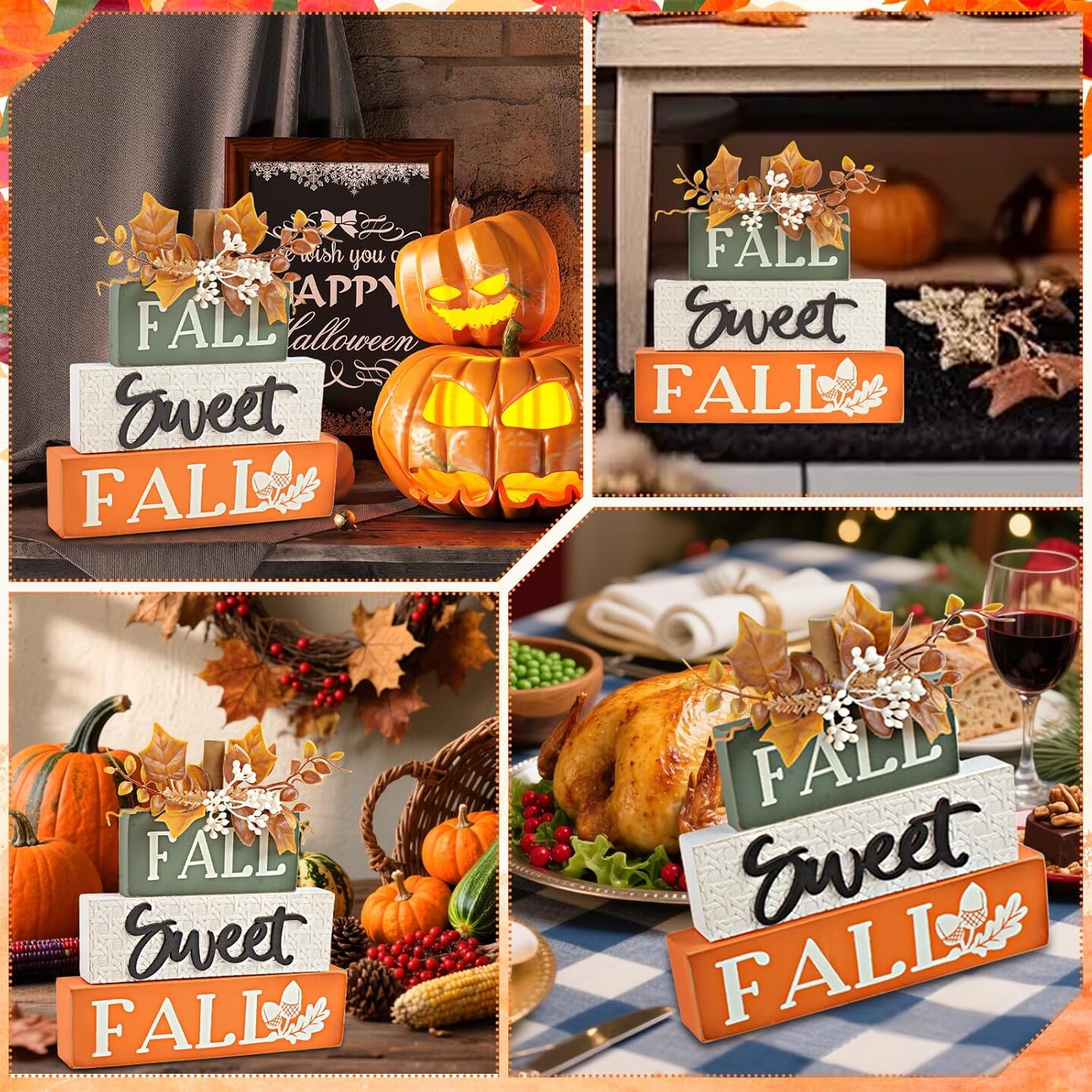 Rustic Wooden Maple Leaf Block Sign Tabletop Decor