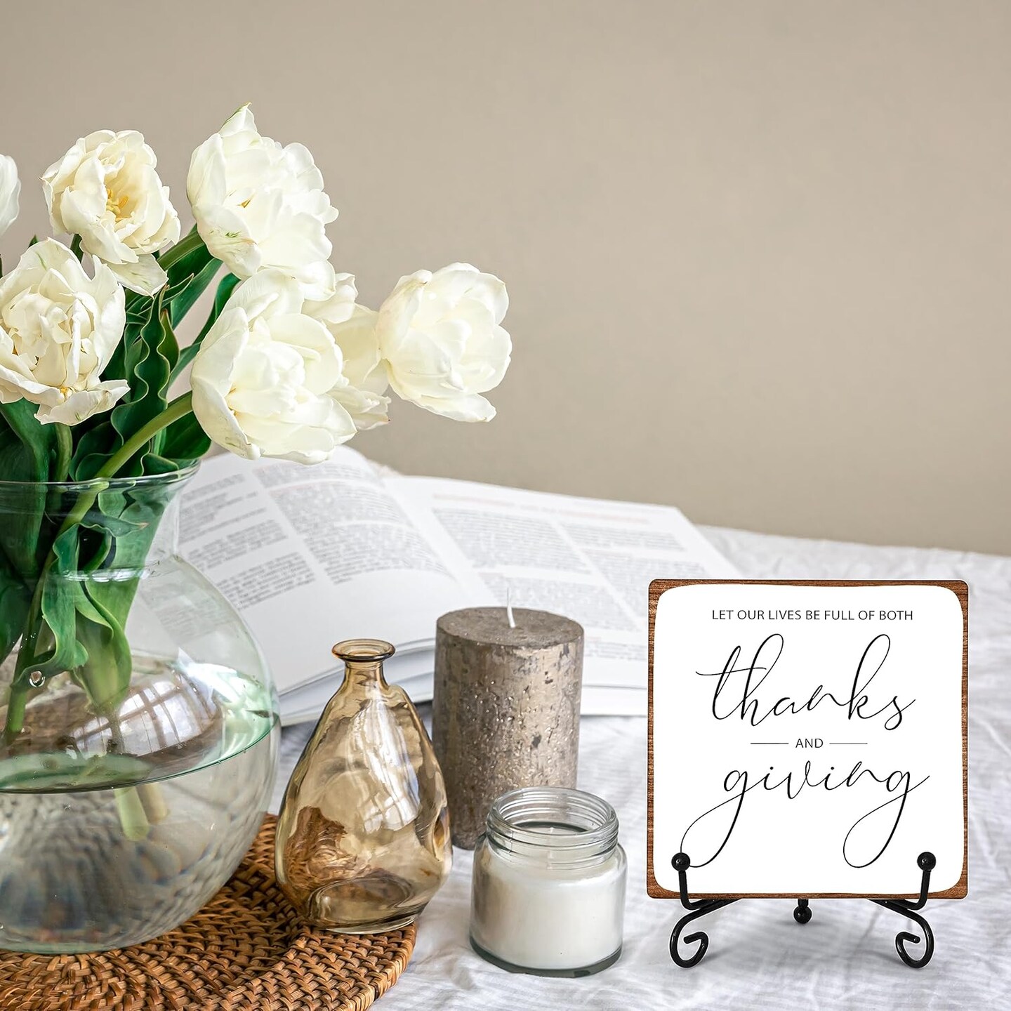 Let Our Lives Be Full Of Both Thanks And Giving Plaque Wooden Sign Table Decor