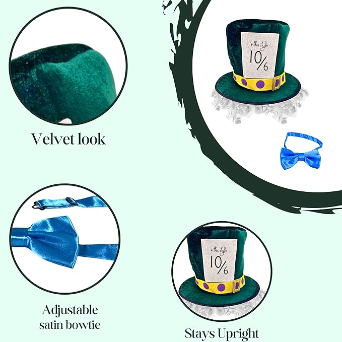 4E's Novelty Mad Hatter Costume Accessory Set for Adults - Green Top Hat with Wig & Blue Bowtie - Alice in Wonderland Tea Party, Halloween, Cosplay, White Rabbit & Fairytale Dress Up