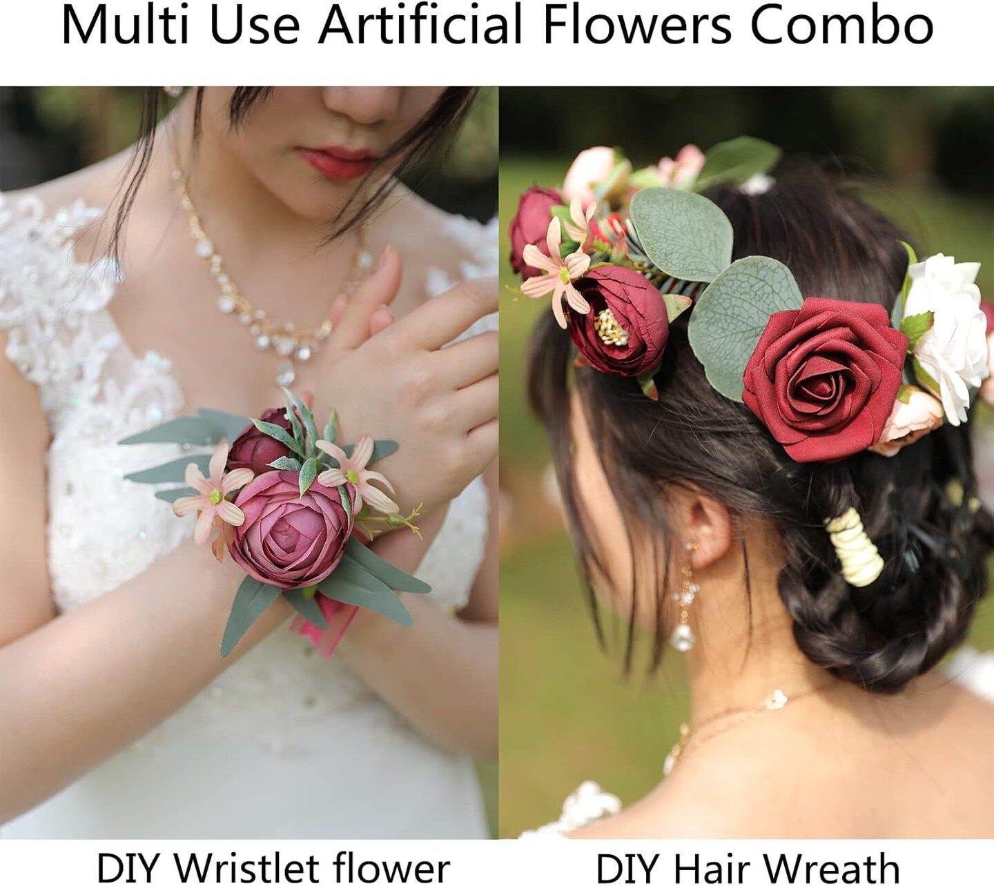 Artificial Flowers Combo Set – Fake Flowers with Leaves and Stems for DIY Wedding Bouquets, Centerpieces, Flower Arrangements, Baby Shower, Party & Home Décor (Burgundy)