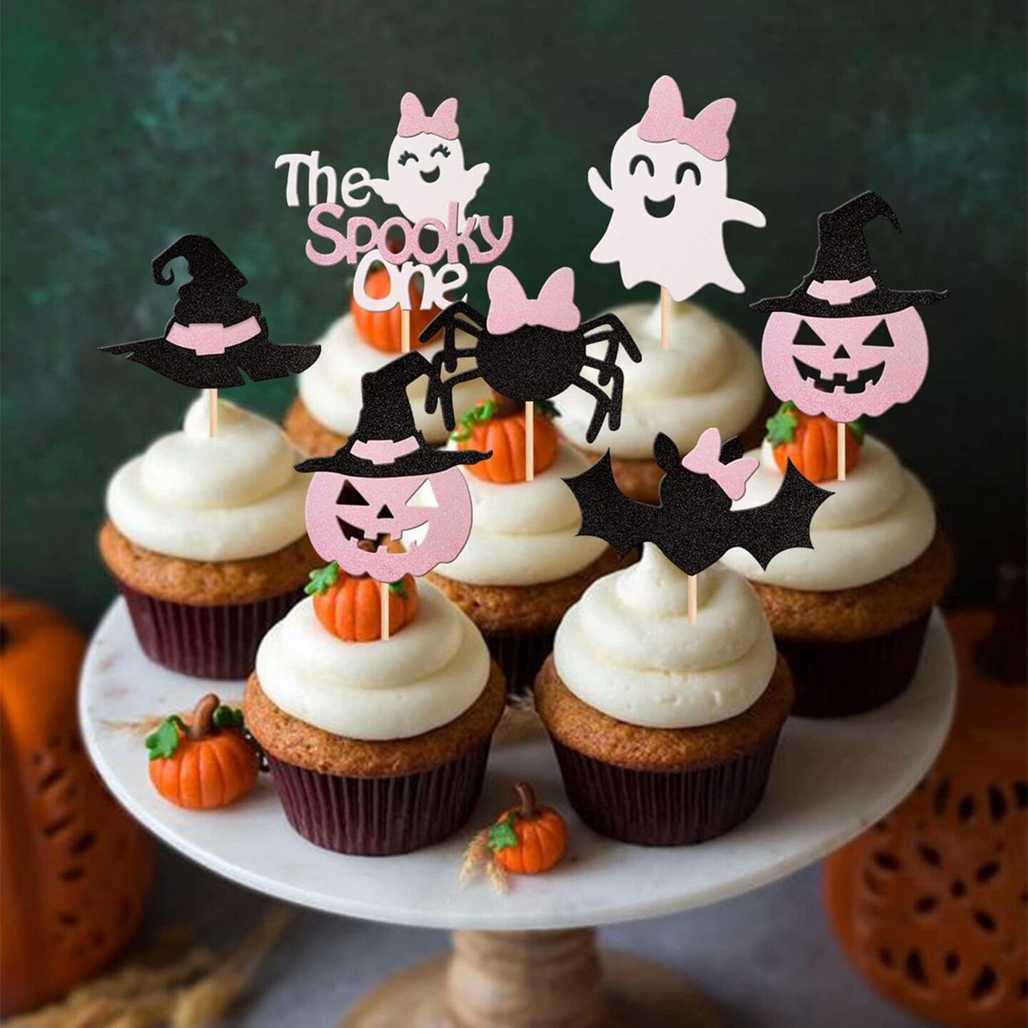 24-Pack “Spooky One” Halloween Cupcake Toppers – Pink & Black Glitter Bats, Pumpkins, Spiders & Witch Hats for Baby Showers, Girls’ 1st Birthdays & Halloween Party Decorations