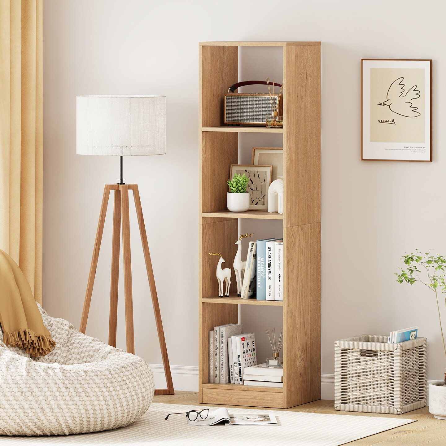 Natural 5-Tier Narrow Bookshelf with 4 Cubes and Anti-Tipping Kits