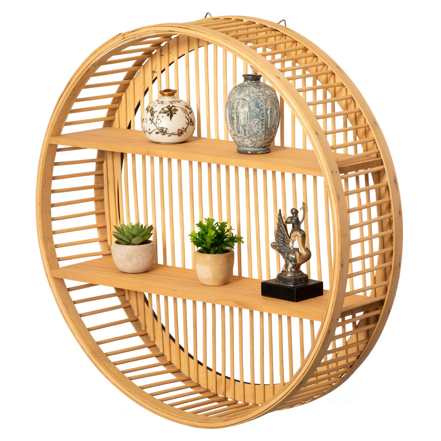 Vintiquewise Round Bamboo Wall Shelf with 2 Wooden Tiers – Natural Hanging Wall Decor and Floating Display Rack Accent for Modern Home Office Living Room Bedroom and Kitchen