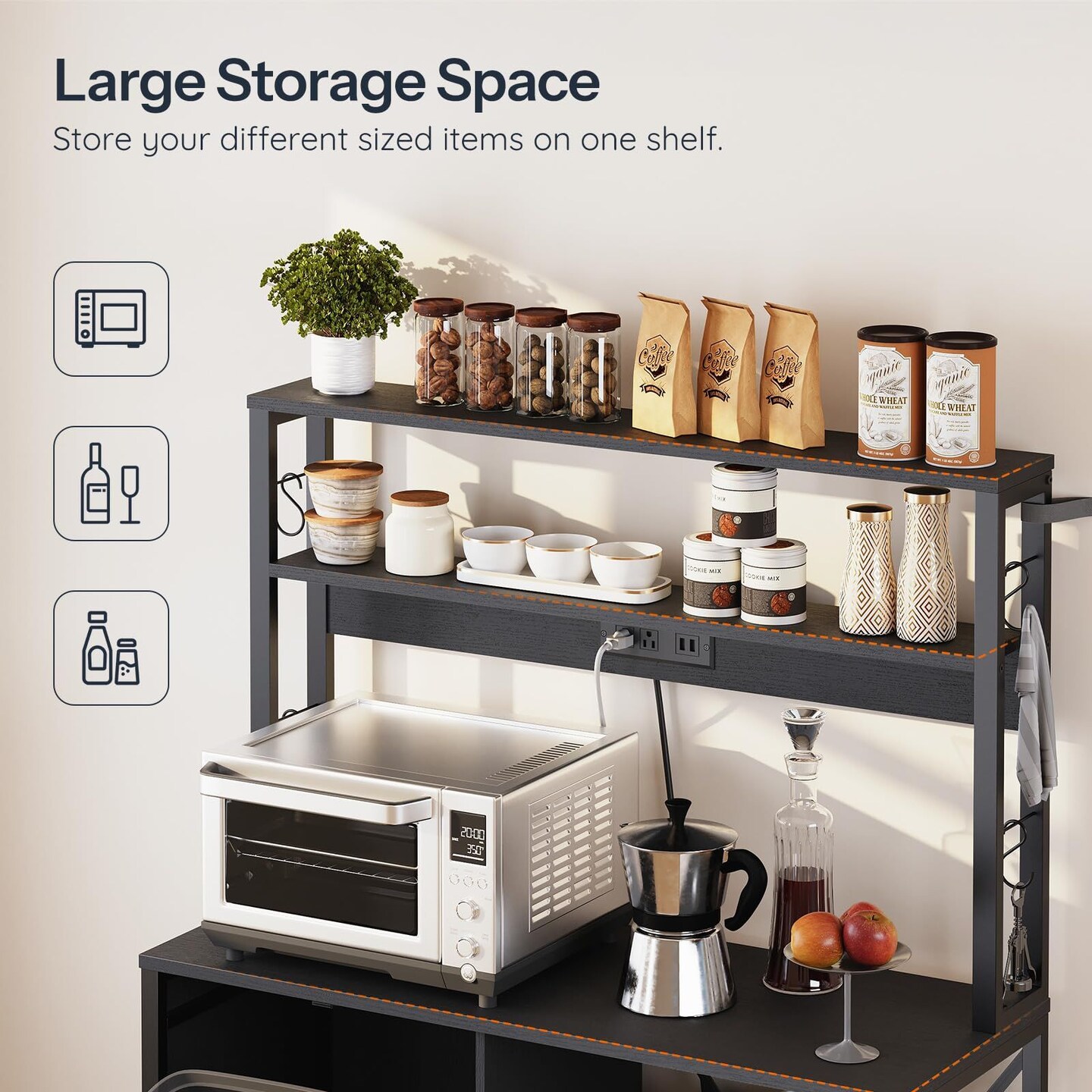 Black Bakers Rack with Power Outlet Trash Can Storage 5-Tier Kitchen Shelf