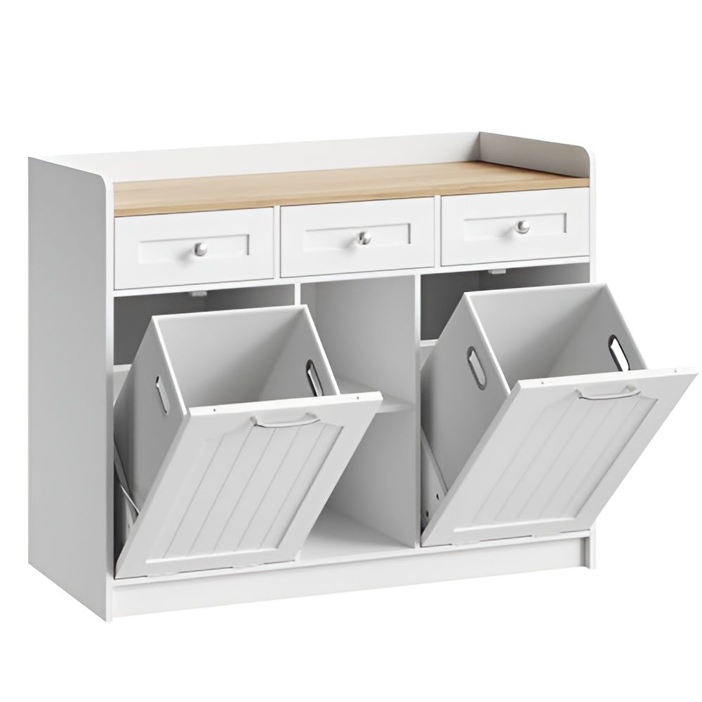 White Laundry Cabinet 3 Drawers 2 Tilt-Out Baskets Bathroom Storage Organizer