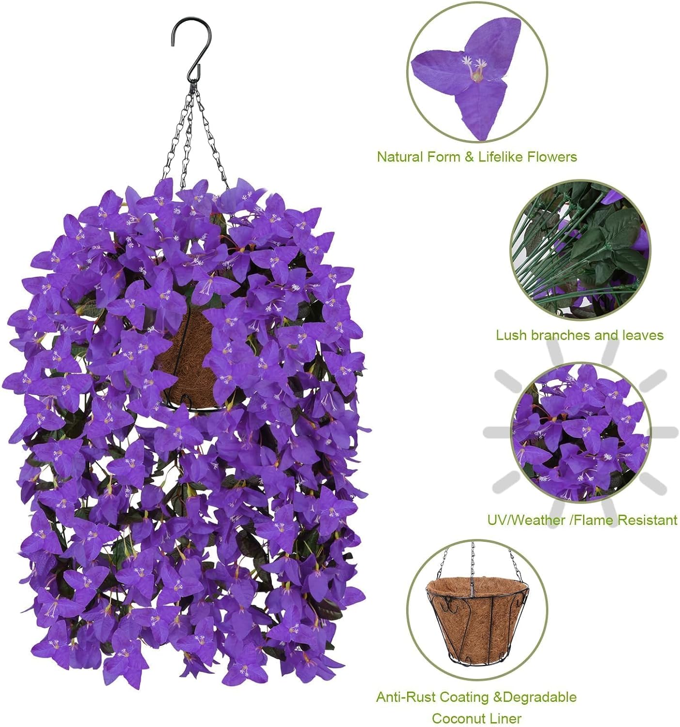 Artificial Bougainvillea Fake Hanging Flowers with Baskets for outdoors Outside Decoration 2 Set Purple Silk UV Resistant Flower Long Trailing Realistic for Front Porch Patio Balcony Spring Sunmmer