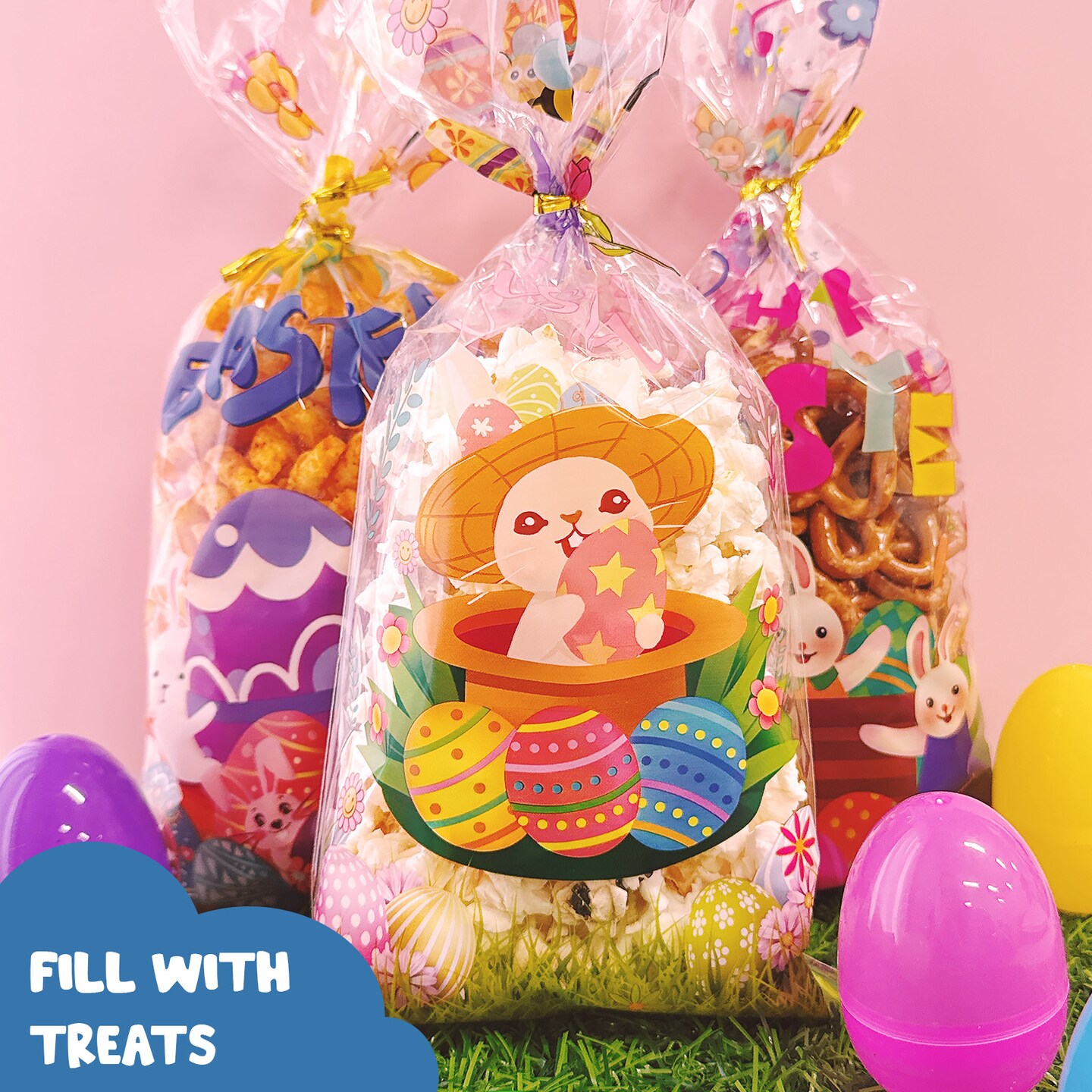 Wrapables Easter Cellophane Treat Bags With Twist Ties for Candy, Cookies, Treats, Gifts and Party Favors (100pcs), Happy Easter