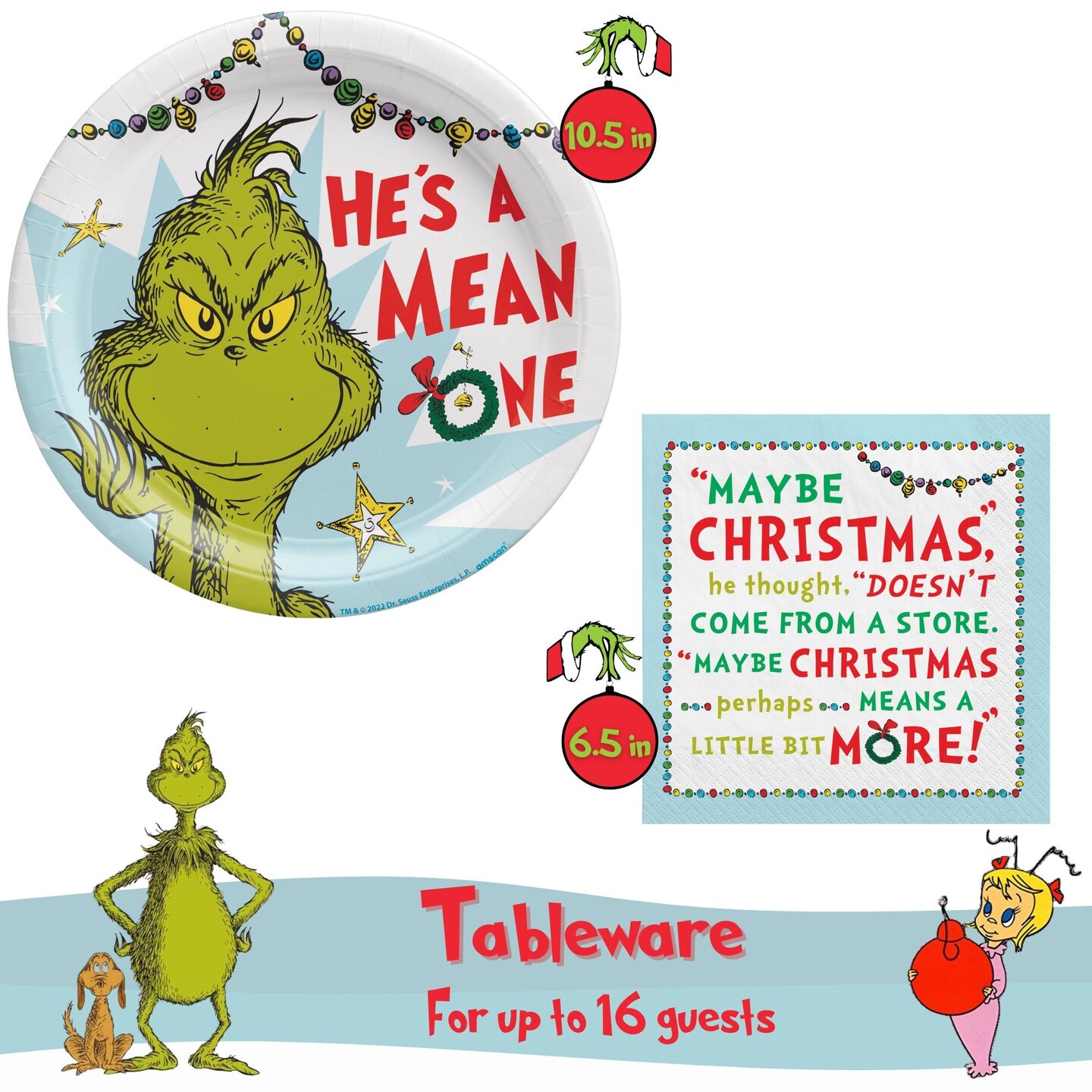 Dr. Seuss The Grinch Christmas Party Supplies Bundle with The Grinch 10.5&#x22; Paper Plates and Luncheon Napkins - Serves 16