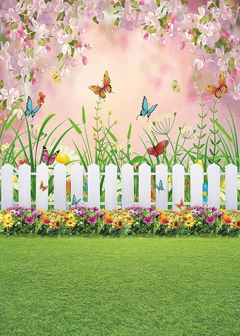Spring Easter Garden Photography Backdrop Green Grass Lawn Floral Butterfly Fence Baby Shower Birthday Party Backgrounds (5x7FT)