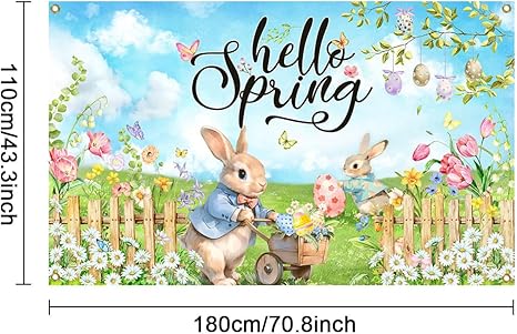 Hello Spring Backdrop Easter Party Banner Greenery Spring Festival Easter Photo Backdrop Colorful Happy Easter Party Decorations Supplies Banner (Greenery, 70.8x43.3 inch)