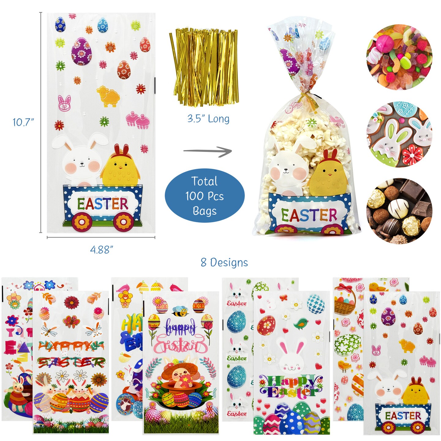 Wrapables Easter Cellophane Treat Bags With Twist Ties for Candy, Cookies, Treats, Gifts and Party Favors (100pcs), Happy Easter