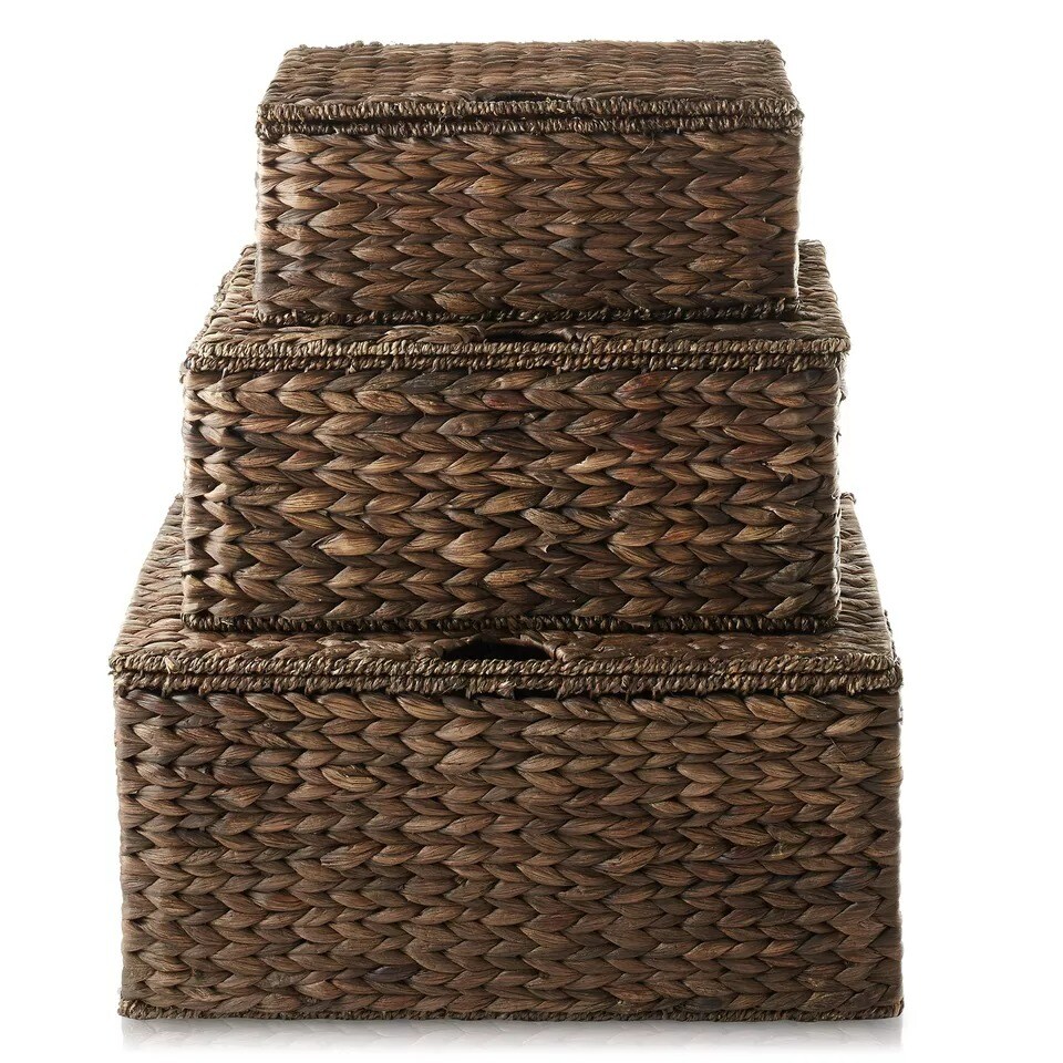 Water Hyacinth Storage Baskets with Lids, Rectangular Woven Wicker Tote Bins