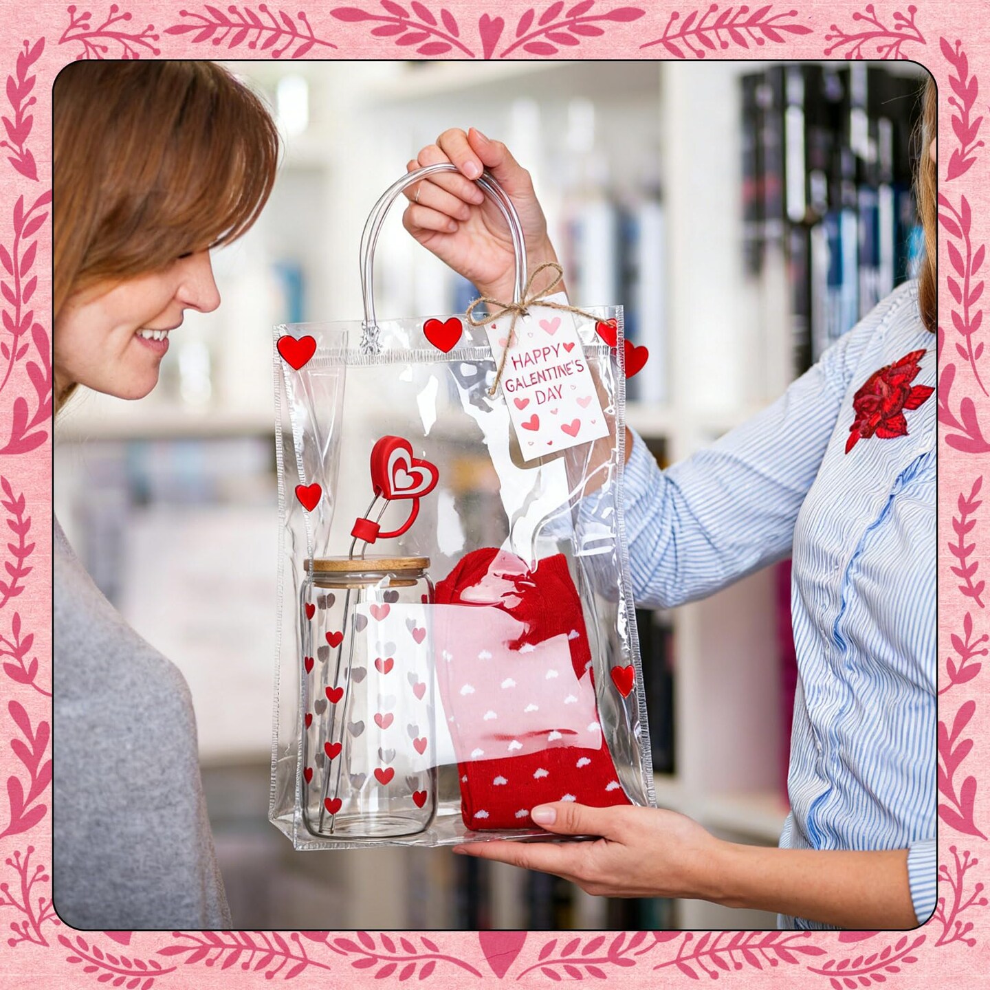 3 Set Happy Galentine's Day Gifts Set for Best Friend Include 16oz Coffee Cups with Straw Stoppers Heart Socks Gift Bags Galentine's Day Tags with Hemp Rope for Bestie Valentines Gifts