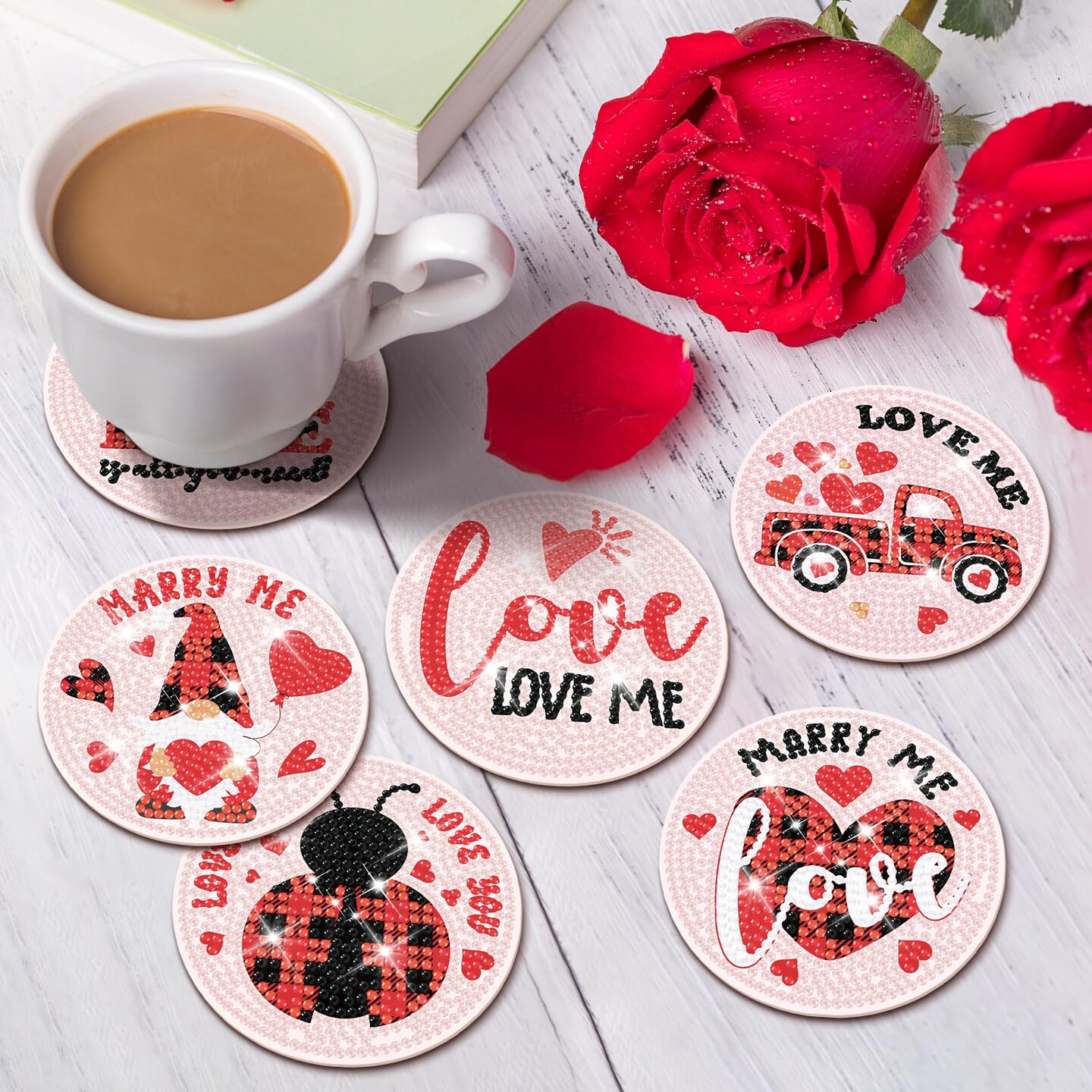 8 Pieces Valentine&#x2019;s Day Diamond Art Coasters Love Diamond Painting Coasters Kits with Holder DIY Coasters for Beginners, Adults, Kids, Diamond Art Crafts Supplies (Valentines)