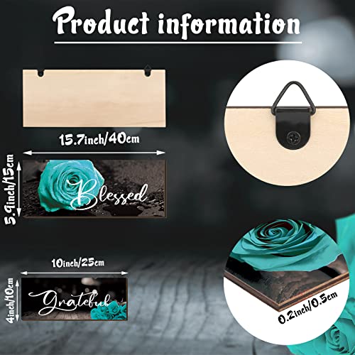 3 Pieces Rose Wooden Wall Decor Thankful Grateful Blessed Wooden Signs Inspirational Wall Art Signs Wedding Wall Decor for Room Kitchen Bathroom (Teal,16 x 6 Inch)