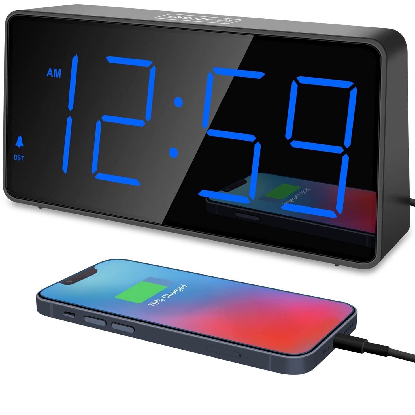 Digital Clock, Alarm Clock for Bedrooms - Large Big Numbers 5 Dimmers for Seniors, Battery Backup Loud Alarm Clock with USB Charger Port (Blue Digit)