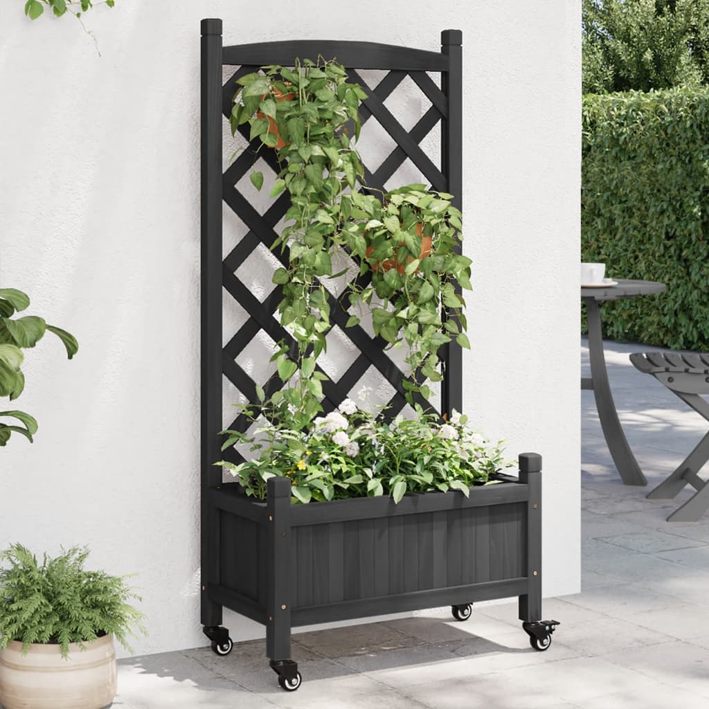 vidaXL Planter with Trellis and Wheels Black Solid Wood Fir | Michaels