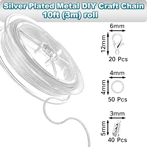33 ft Silver Snake Chain 1.2mm Jewelry Making Chains for Necklace Bracelet DIY Jewelry Supplies Findings - Silver Plated Round Snake Cable Chain Link Roll w/Lobster Clasps, Cord Ends &#x26; Jump Rings