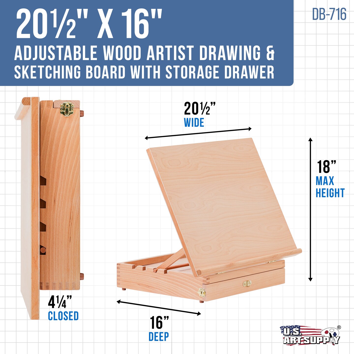 Large 20-1/2&#x22; x 16&#x22; Adjustable Wood Art Drawing Board - 5 Angles, Beechwood Construction, Pencil Ledge, T-Square, Locking Storage Drawer - Ideal for Design, Drafting &#x26; Architecture