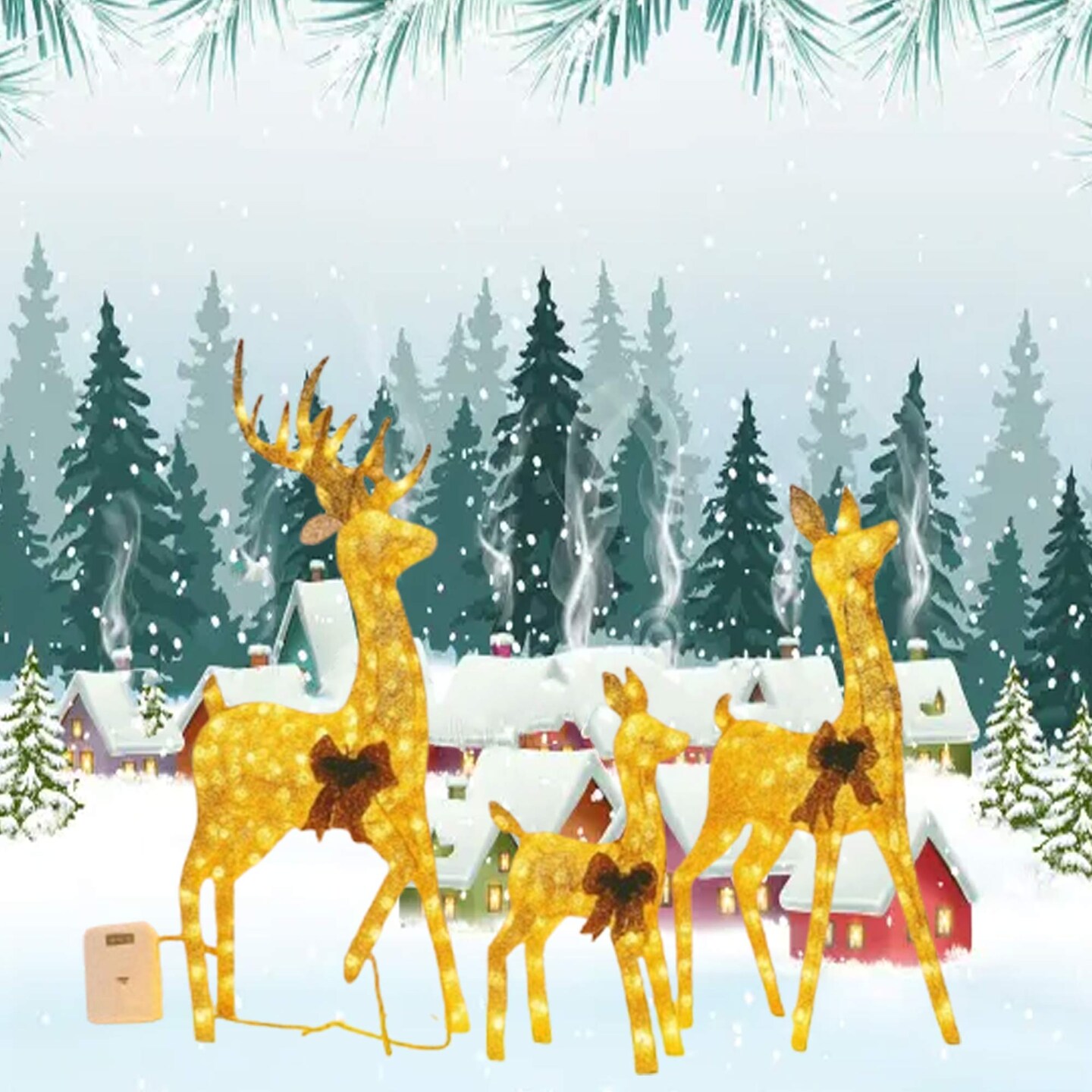 Three Deer Figures, Champagne Cotton Thread, Holiday Decoration 52" + 46" + 29"