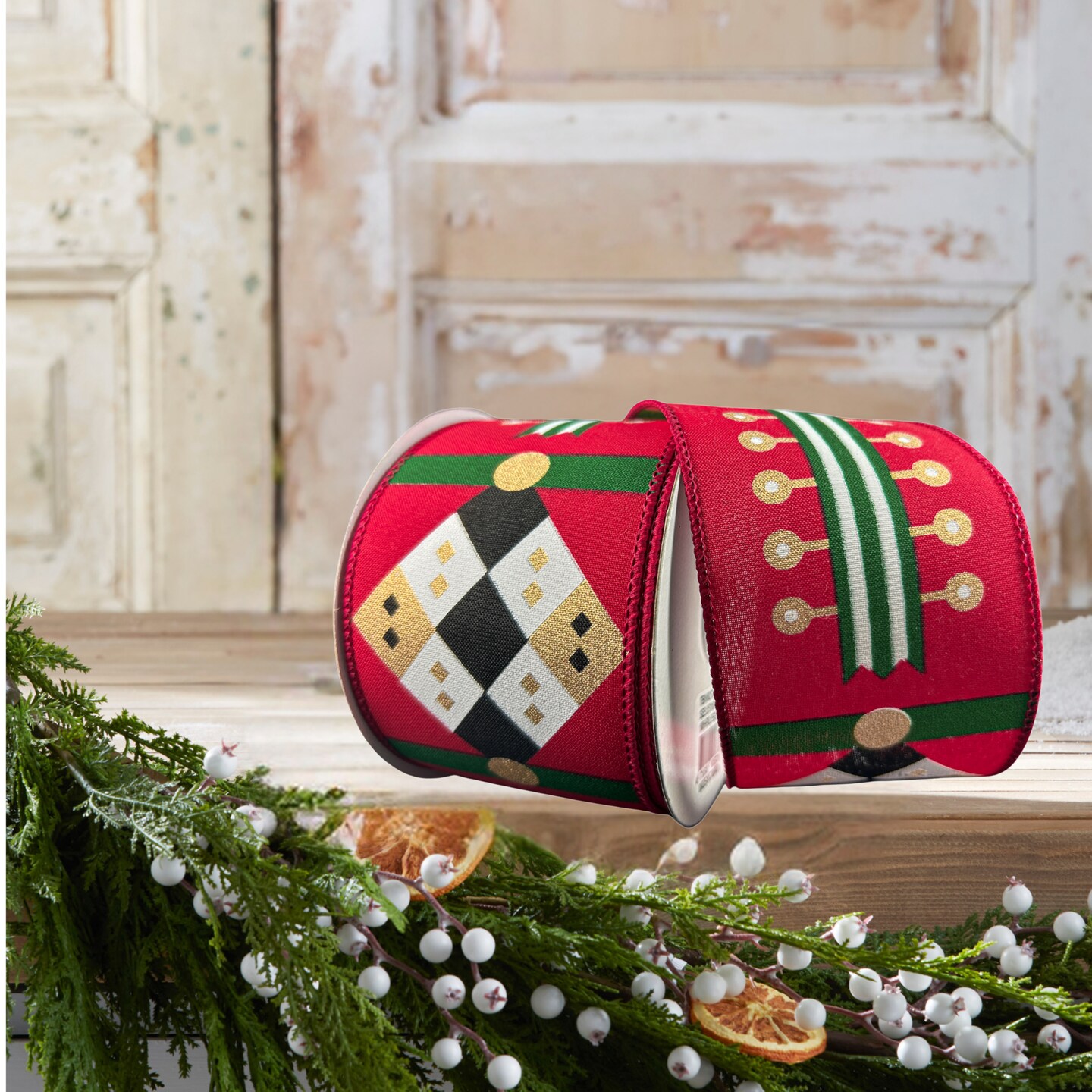 2.5&#x22; Nutcracker Stripes &#x26; Patterns Ribbon: Red &#x26; Green (10 Yards)