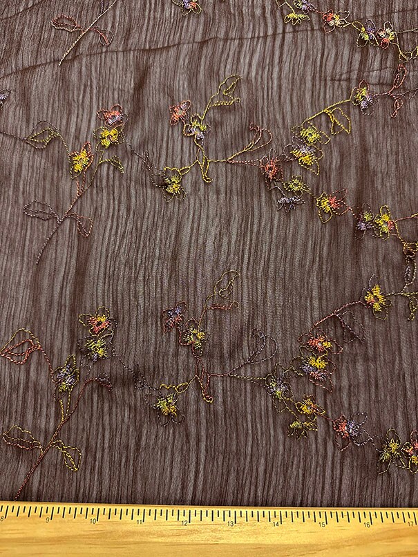 Brown Embroidered Floral Crinkled Poly Chiffon Fabric By the Yard